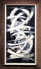 Arch I (Abstract Black, White & Blue Drawing in Mid Century Modern Wood Frame)