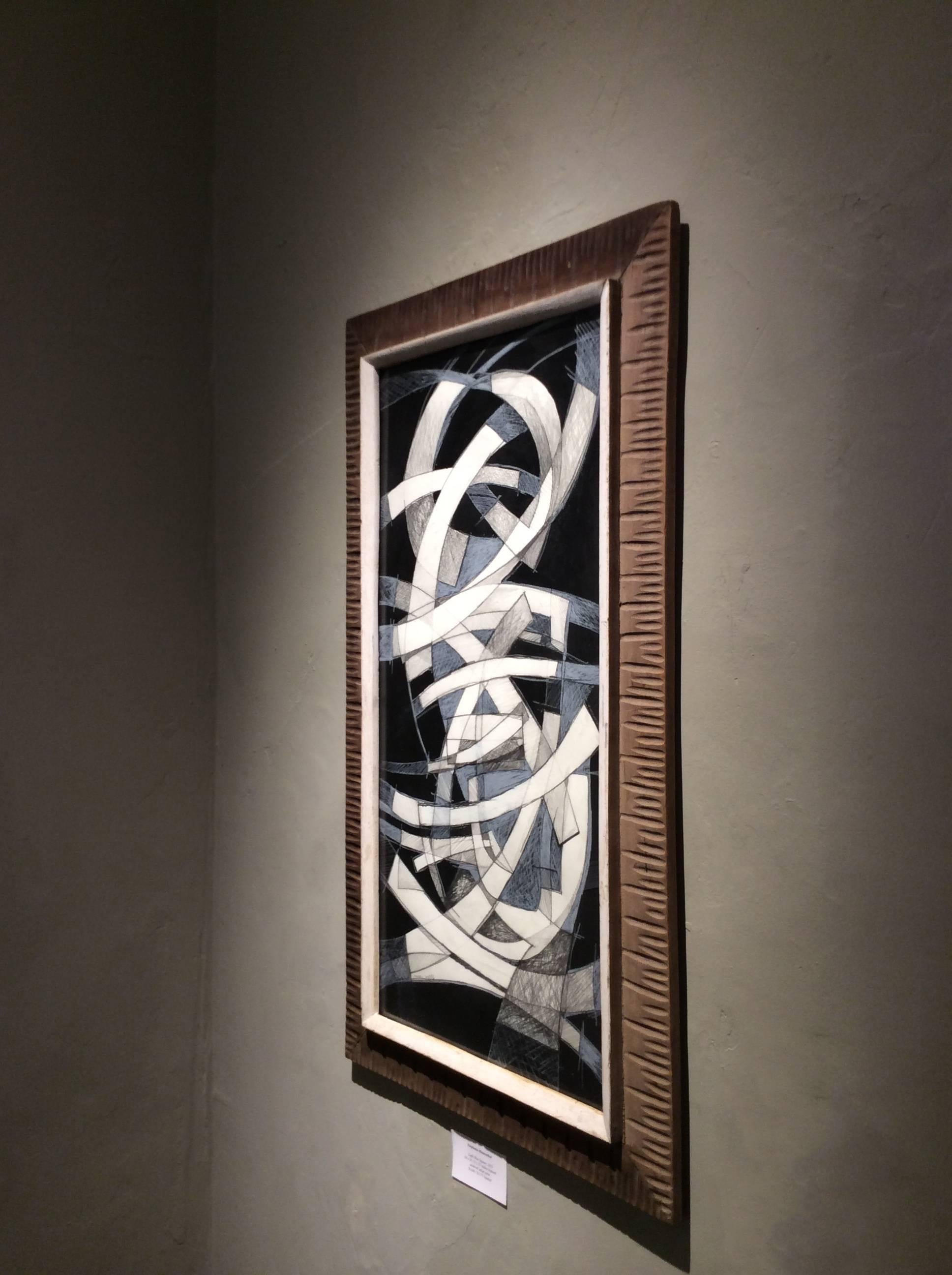 Arch I (Abstract Black, White & Blue Drawing in Mid Century Modern Wood Frame) - Art by David Dew Bruner