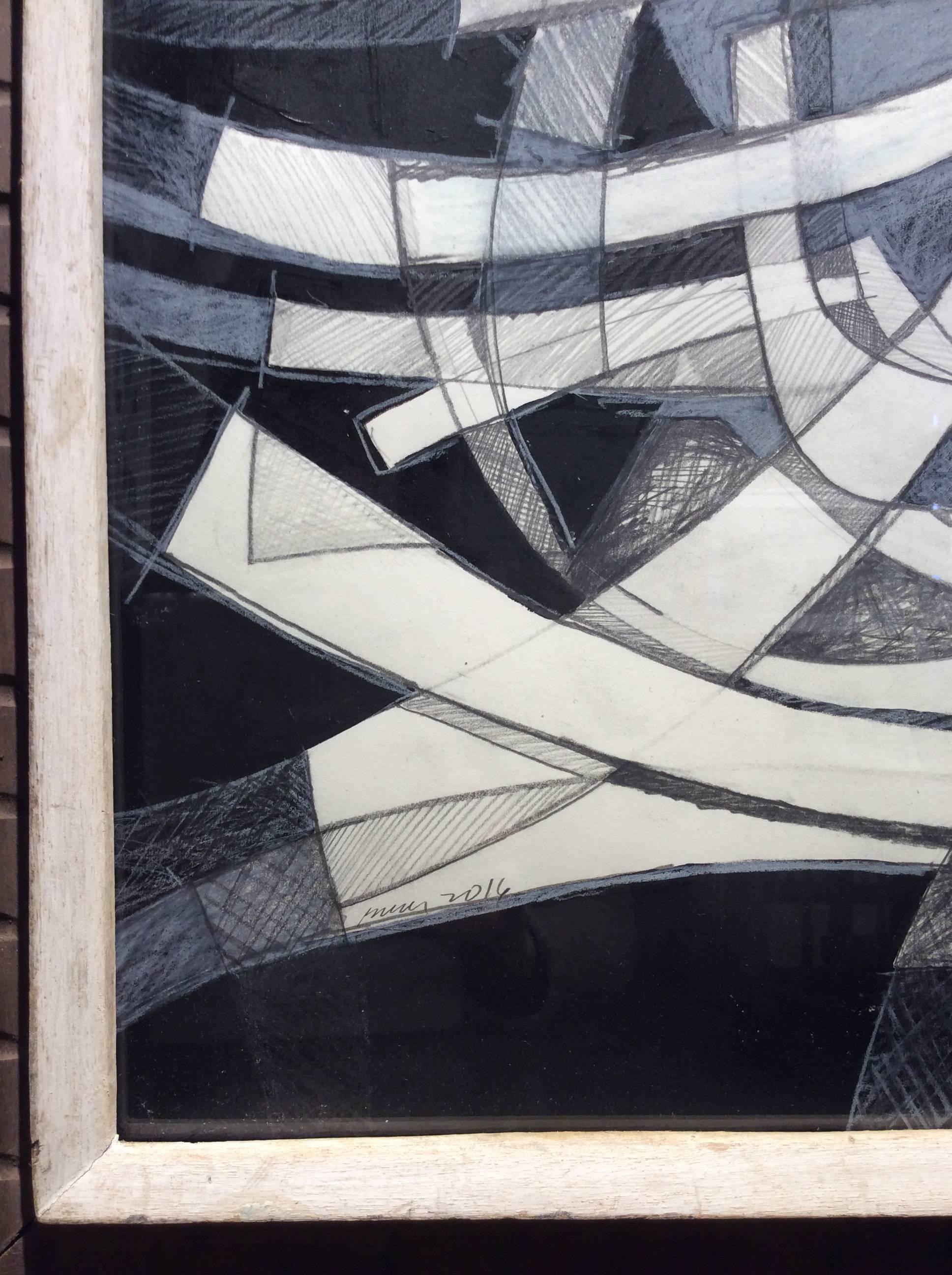 Arch I (Abstract Black, White & Blue Drawing in Mid Century Modern Wood Frame) 1