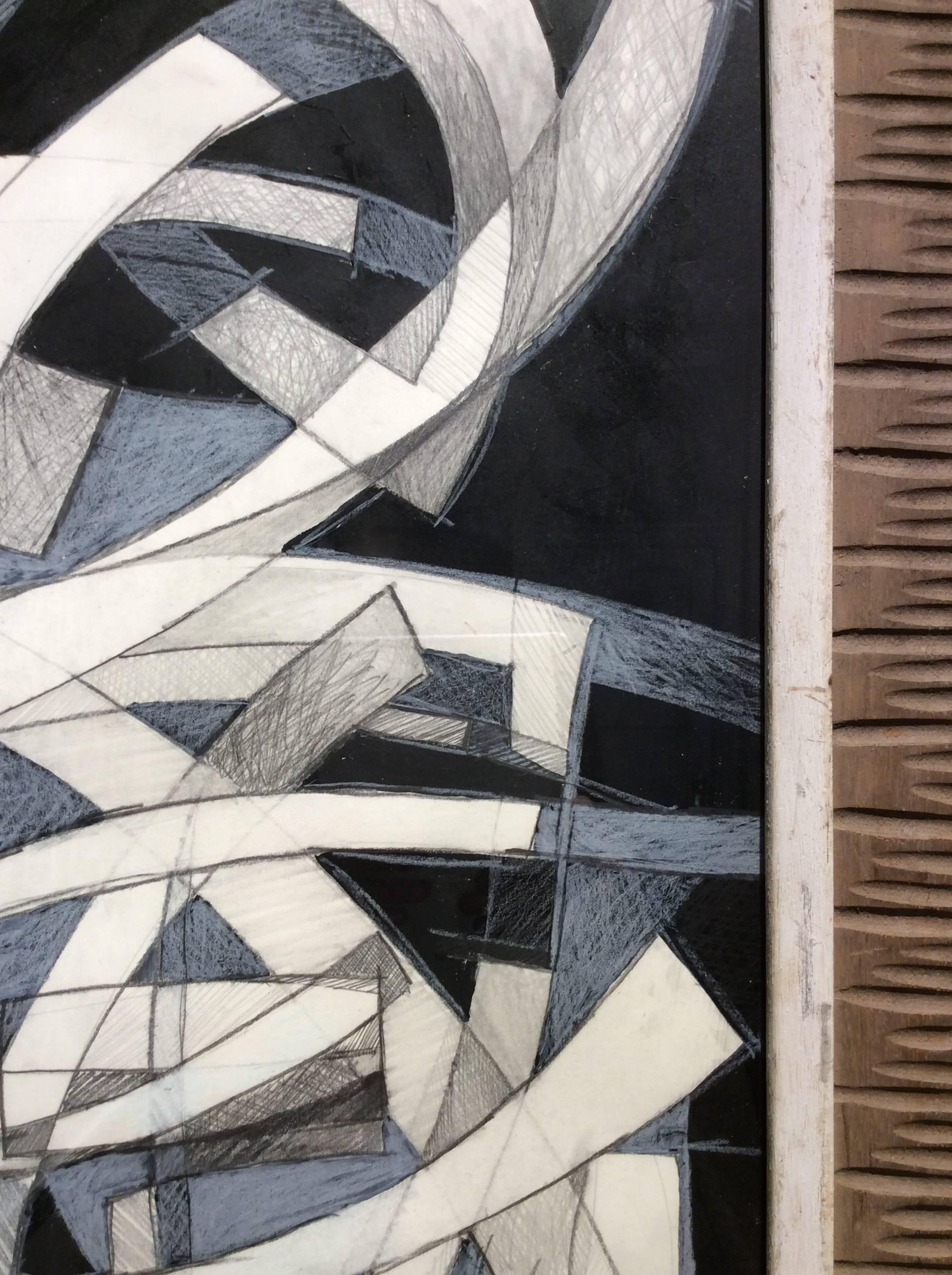 Arch I (Abstract Black, White & Blue Drawing in Mid Century Modern Wood Frame) 2