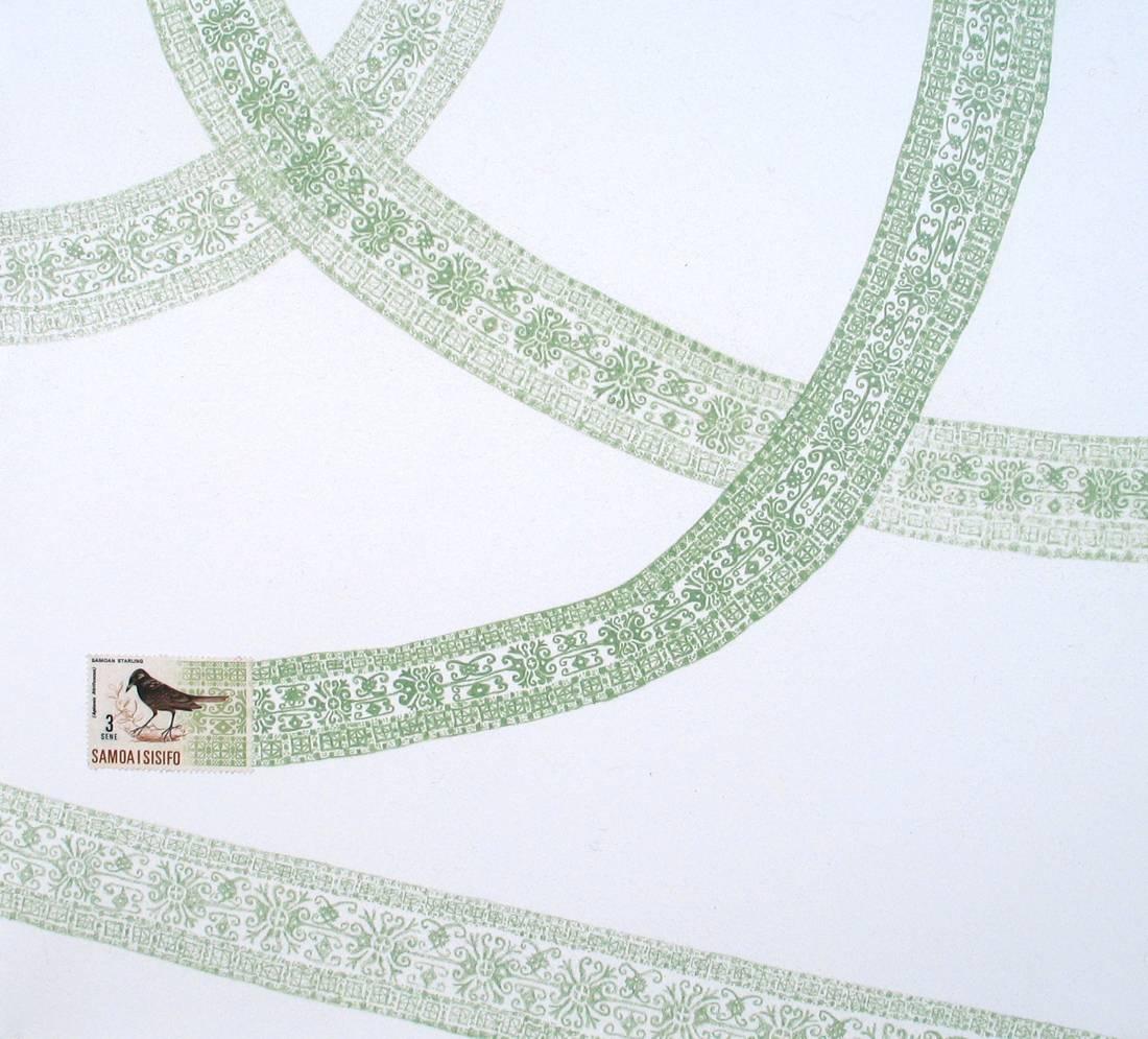 Samoa, Green Flight Pattern (Pastel Green Colored Pencil Drawing & Bird Stamp)