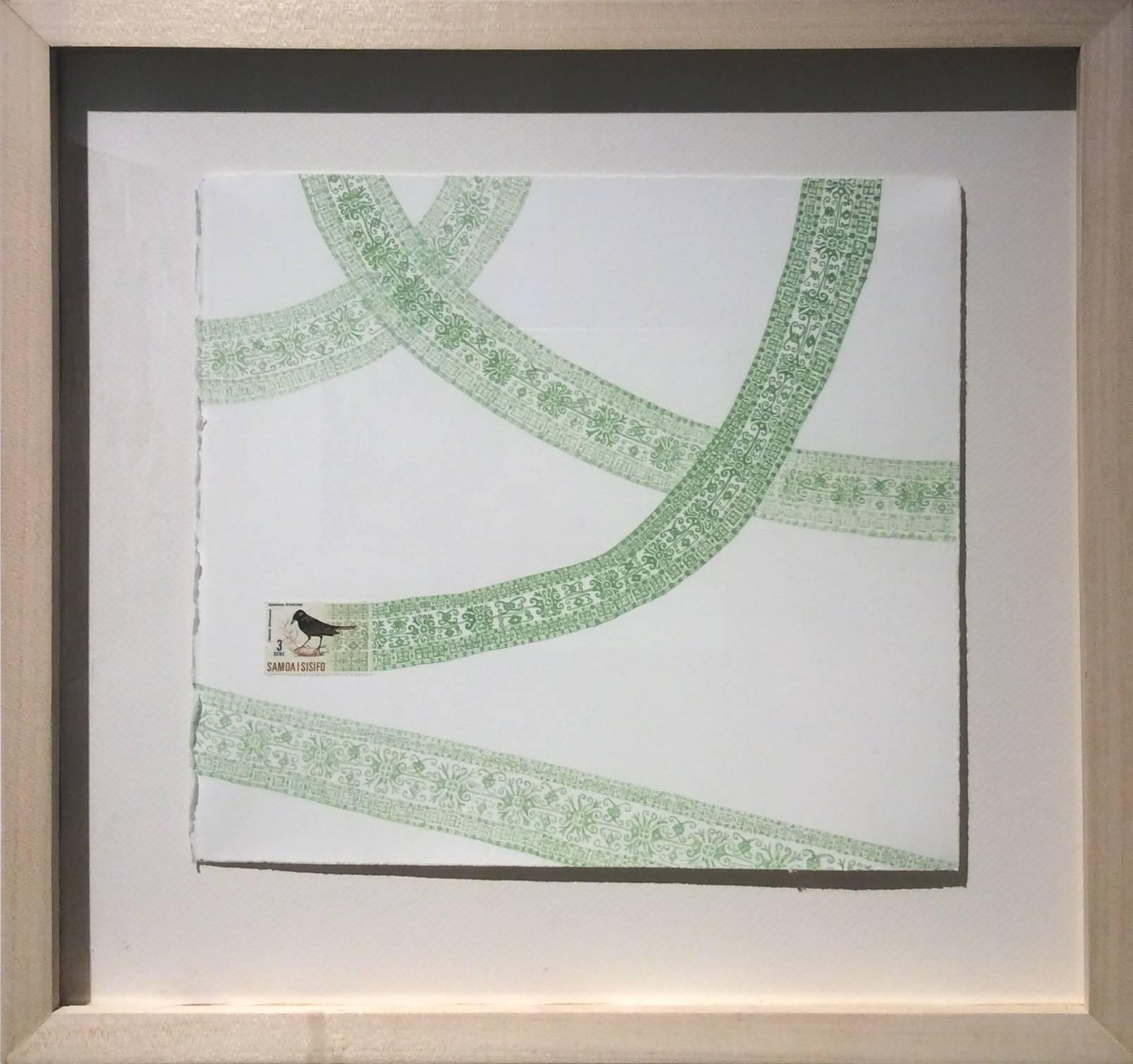 Samoa, motif d'avion vert (D'un dessin au crayon de couleur verte et d'un cachet d'oiseau) - Contemporain Art par Andrea Moreau