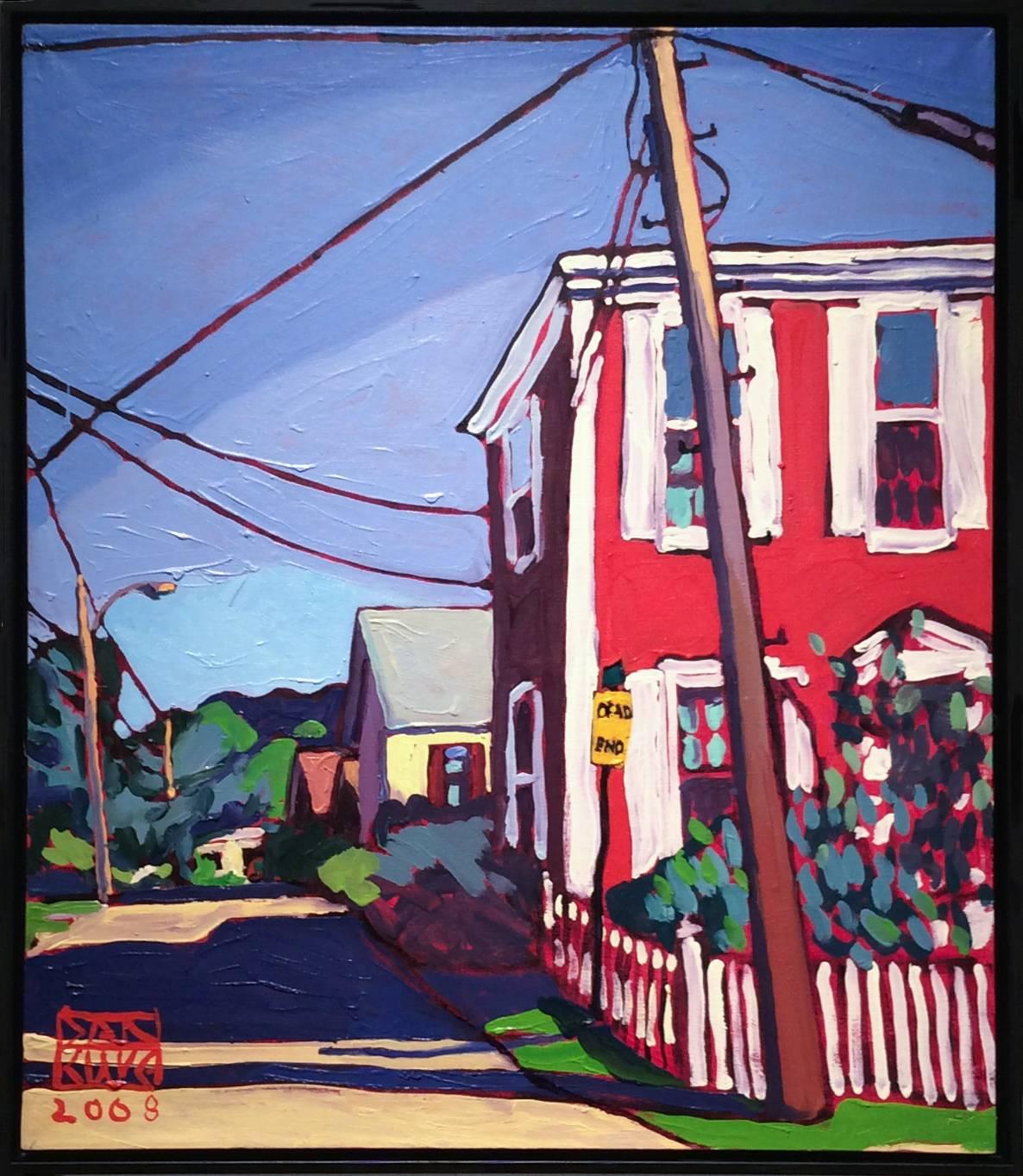 Dan Rupe Still-Life Painting - Down Bangs Street (Modern Fauvist Style Cityscape Painting of Red Town Building)