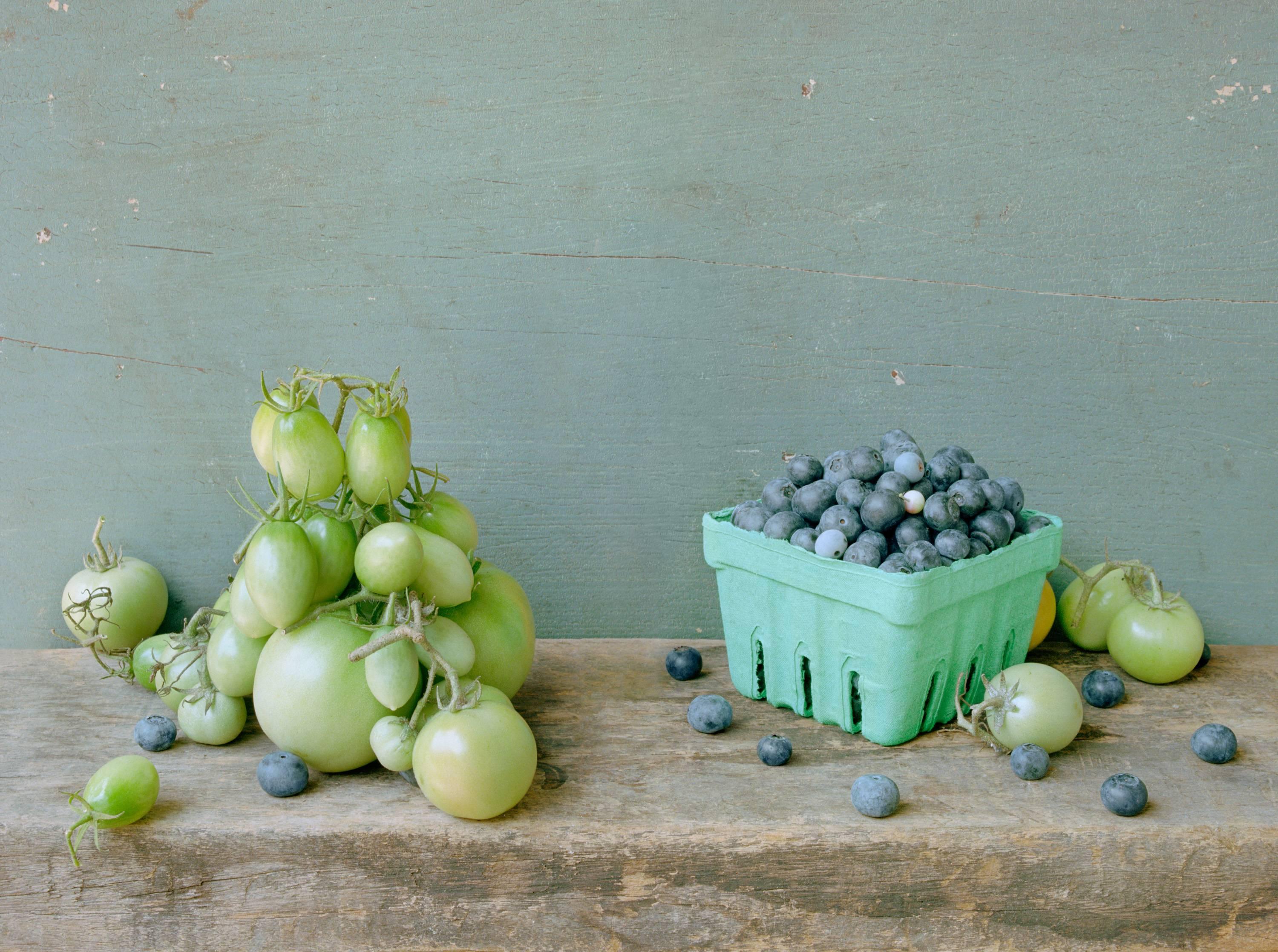 David Halliday Still-Life Photograph - Green Tomatoes & Blueberries: Modern Still Life Photograph of Fruit & Vegetables