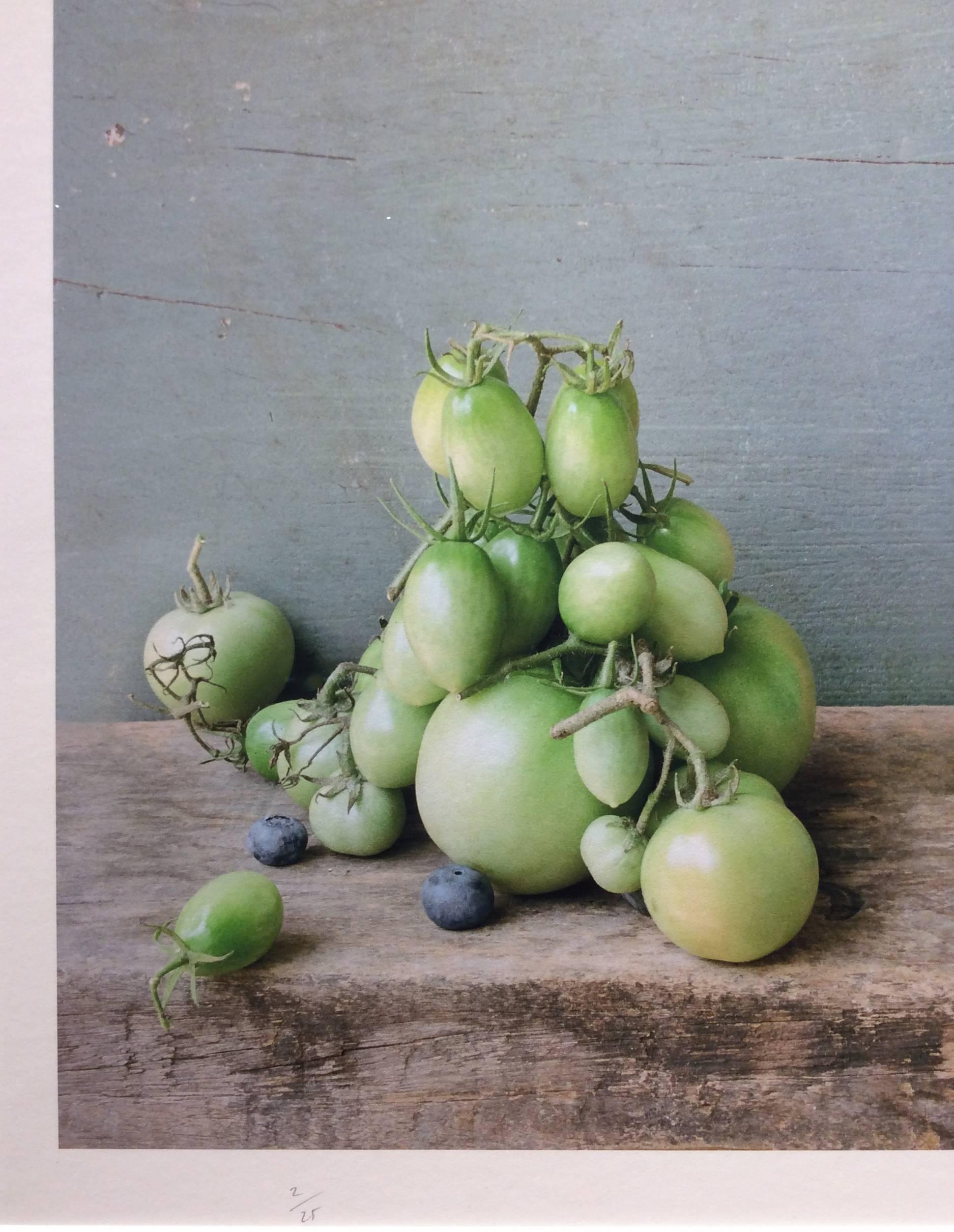 Green Tomatoes & Blueberries: Modern Still Life Photograph of Fruit & Vegetables - Gray Still-Life Photograph by David Halliday