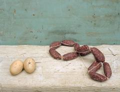 Sausage and Eggs (Framed Modern Food Still Life Photograph on Vintage Table)