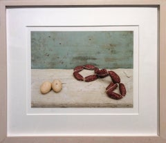 Sausage and Eggs (Framed Modern Food Still Life Photograph on Vintage Table)