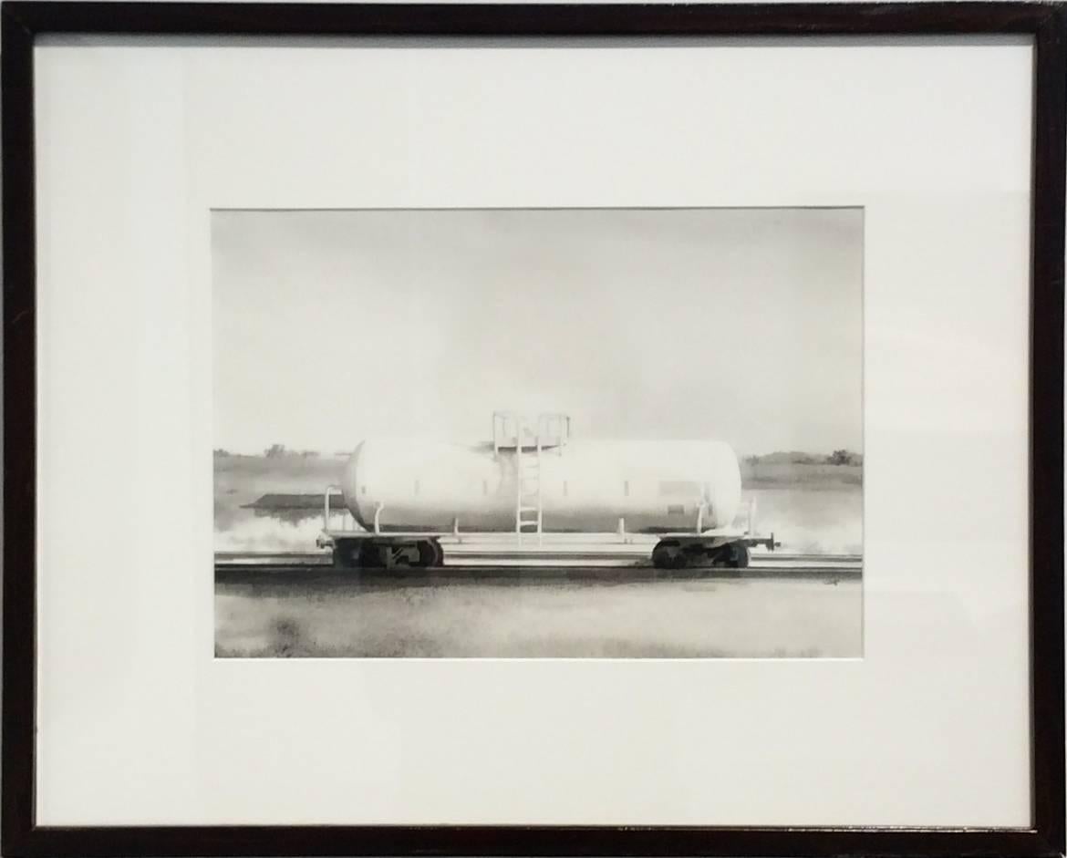 Train II (Black and White Watercolor Painting on Single train car on Paper) - Art by Scott Nelson Foster