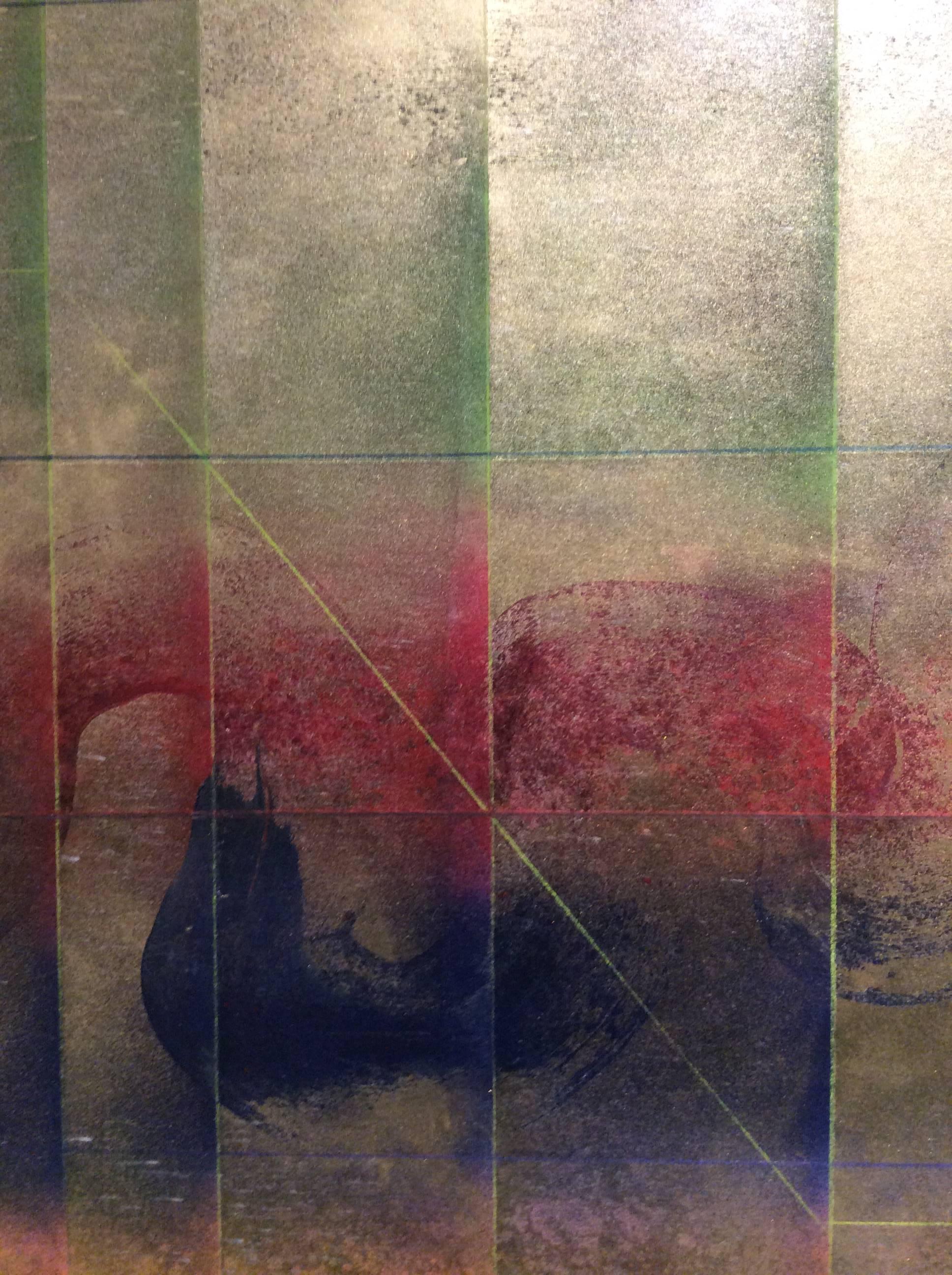 Une expérience de la sensation (peinture abstraite gestuelle colorée et métallique) - Marron Abstract Painting par Bruce Murphy