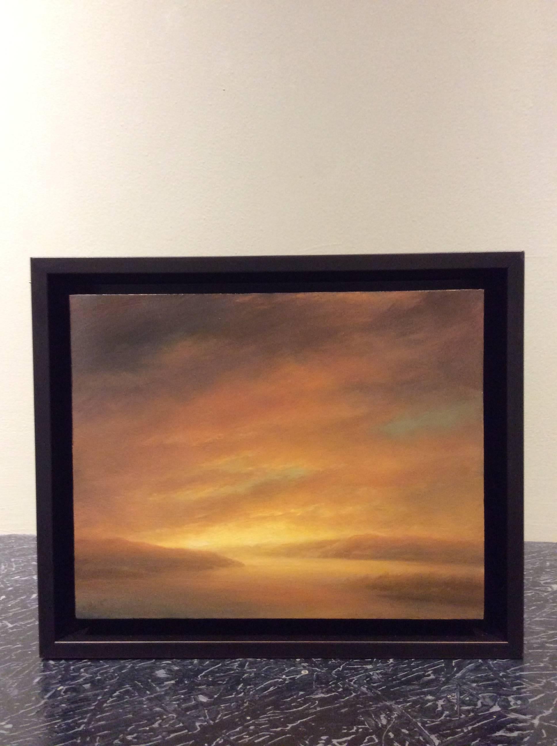 8 x 10 inches, framed
oil on panel

Beautiful small scale landscape oil painting on panel of a bright yellow and orange sunset over the Hudson River in the Hudson River Valley.  Largely influenced by the Hudson River School this landscape oil