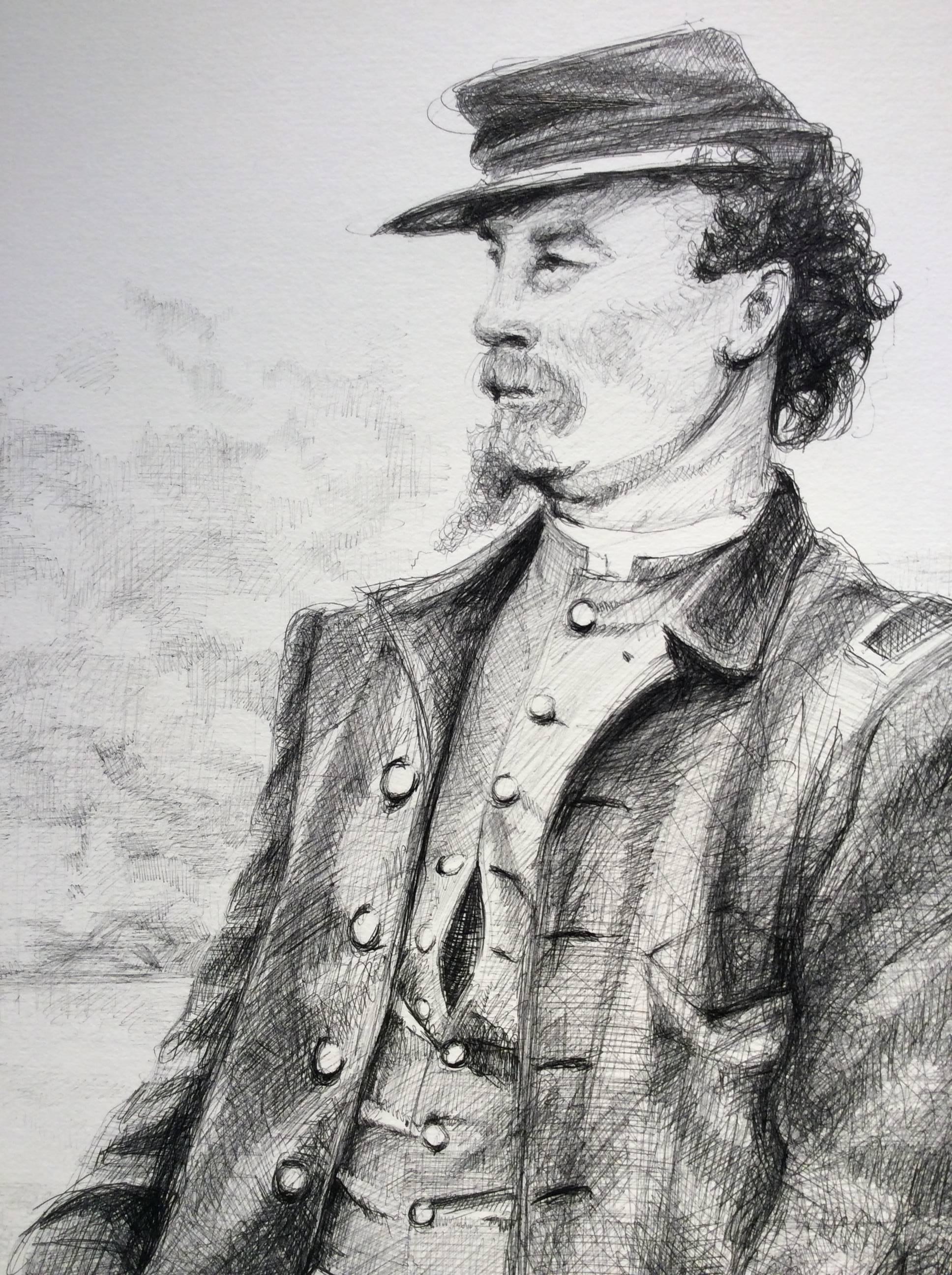The Letter (Large Black & White Ballpoint Pen Drawing of Civil War Soldiers) - Gray Portrait by Linda Newman Boughton