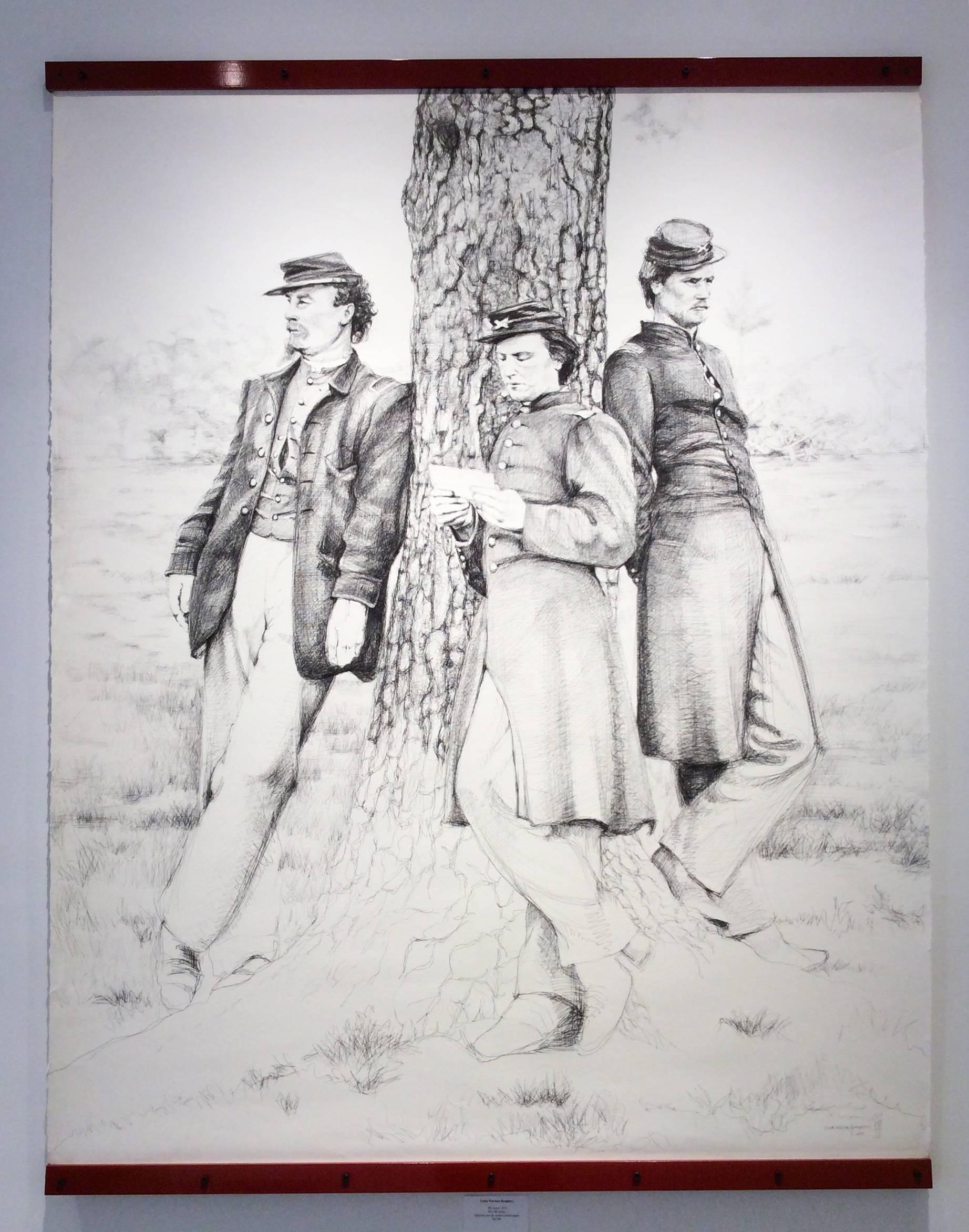 The Letter (große Schwarz-Weiß-Kugelschreiberzeichnung von Bürgerkriegssoldaten) – Art von Linda Newman Boughton