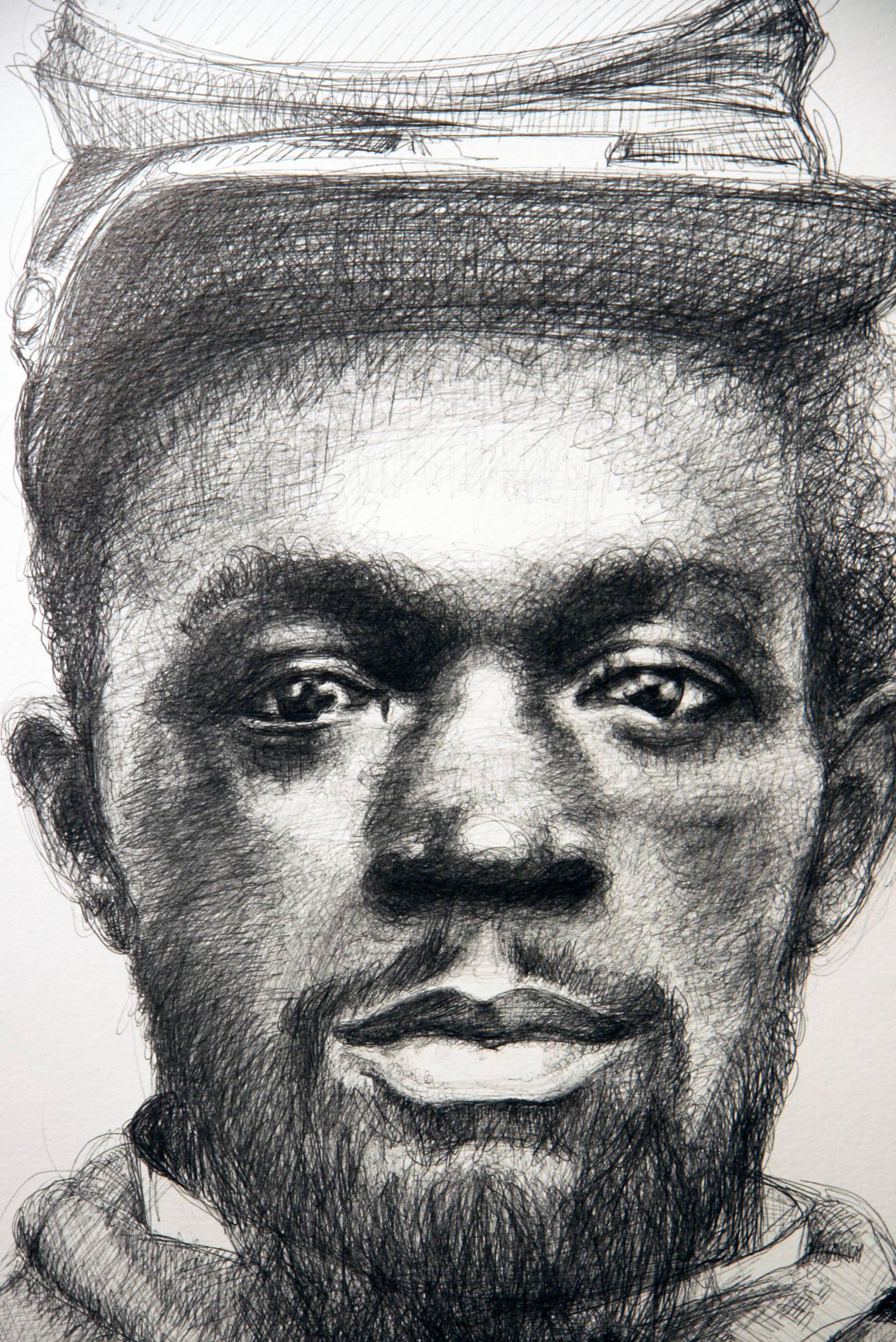 Nimrod Burke (Bolígrafo grande en blanco y negro Retrato de un soldado de la Guerra Civil) - Art Contemporáneo de Linda Newman Boughton