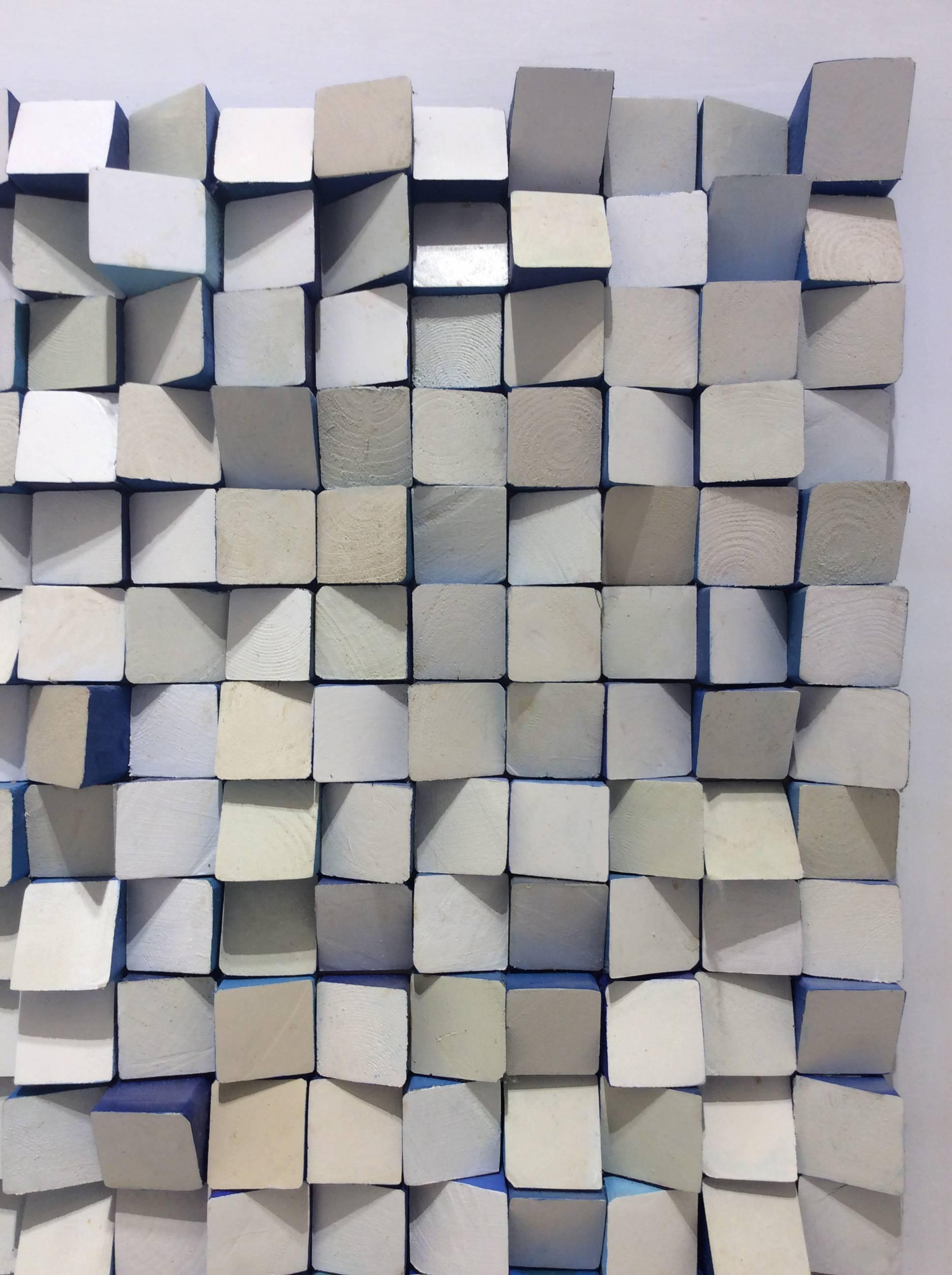 Peek a Blue (Modern Abstract, Square 3-D Wall Sculpture in Blue & White) 4