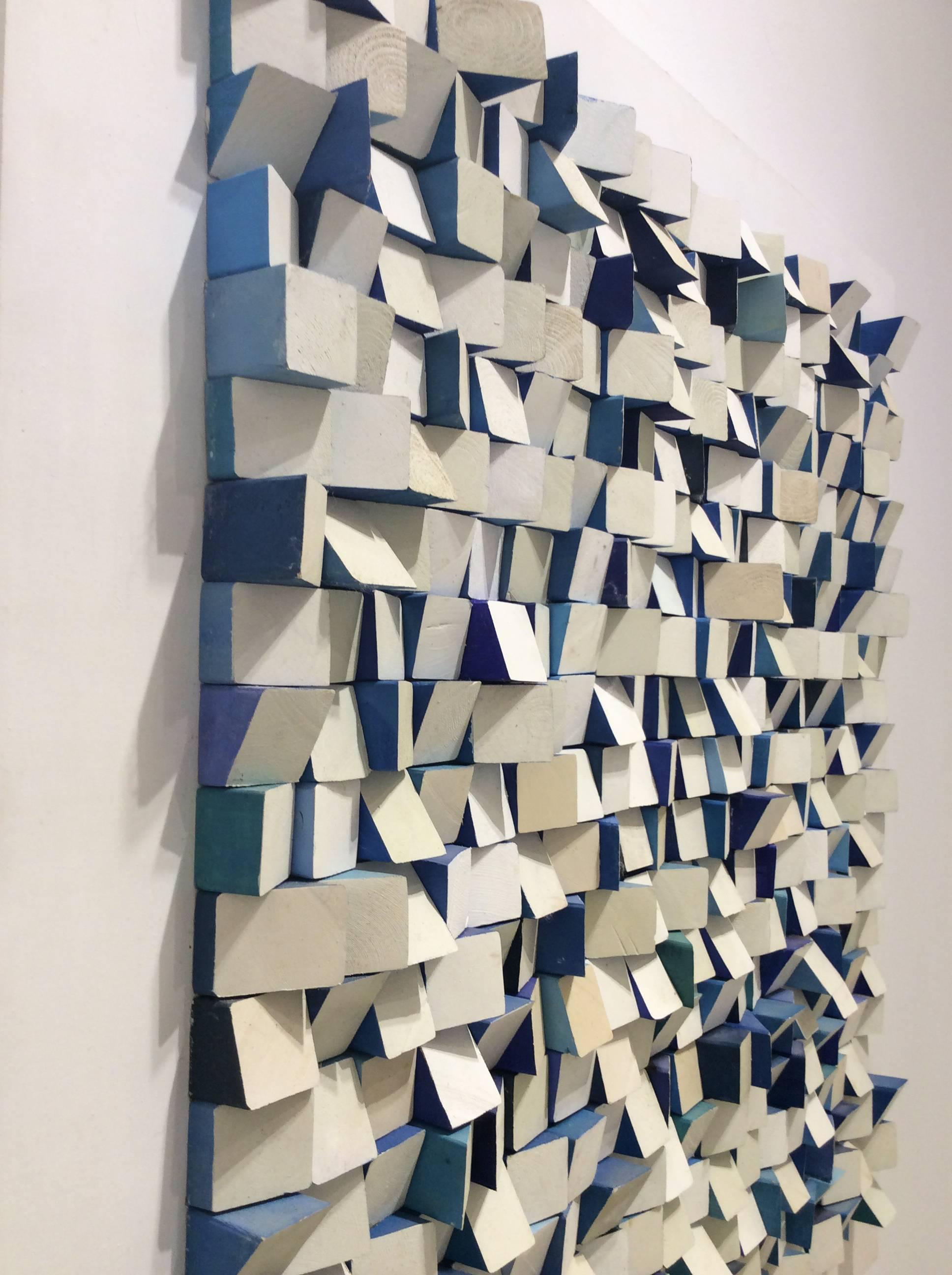 Peek a Blue (Modern Abstract, Square 3-D Wall Sculpture in Blue & White) 1