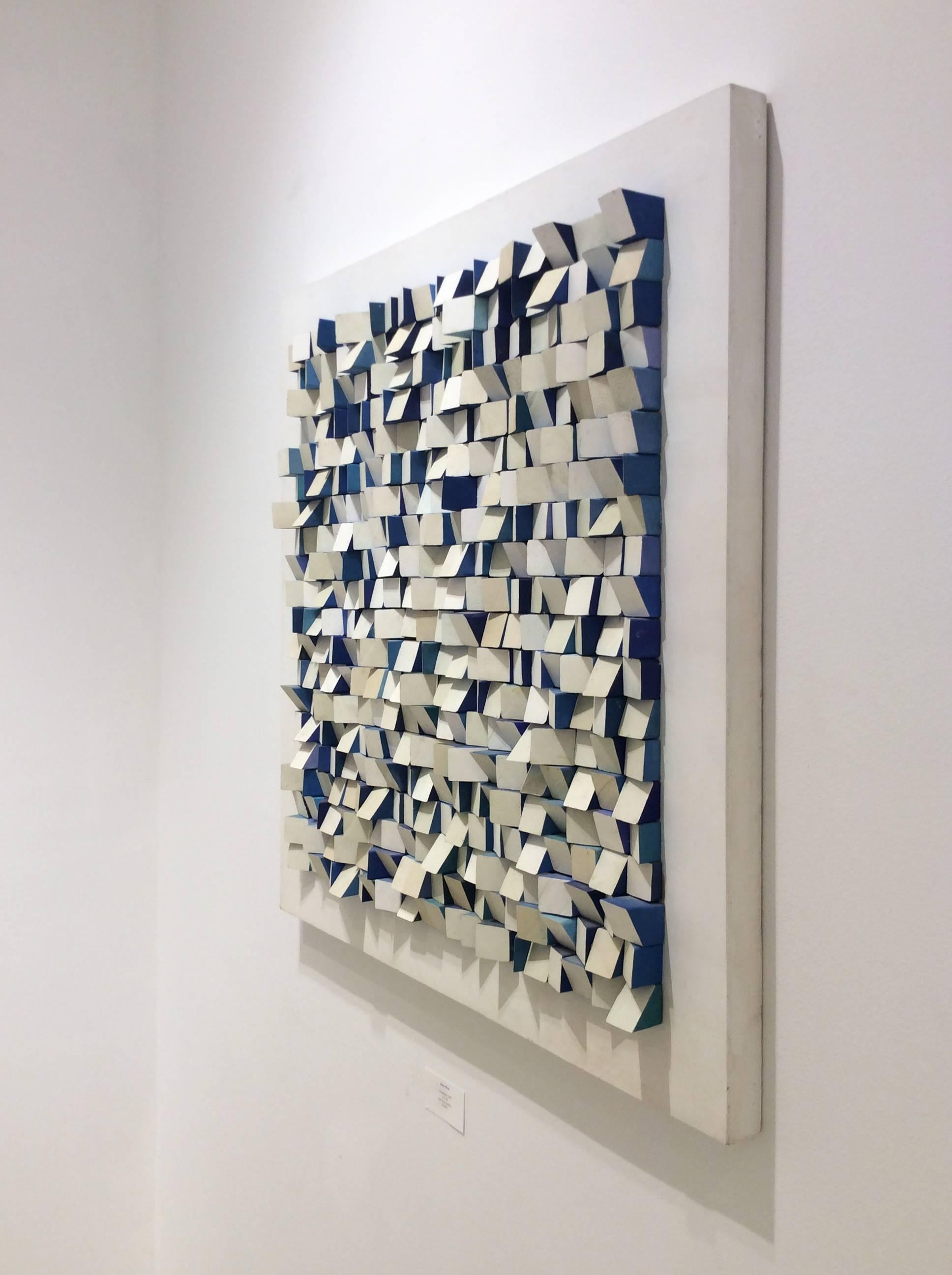 Peek a Blue (Modern Abstract, Square 3-D Wall Sculpture in Blue & White) - Brown Abstract Sculpture by Stephen Walling