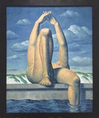 Kent, Leg Up 1 (Modern Oil Painting of Relaxing Male Nude in Blue Landscape )