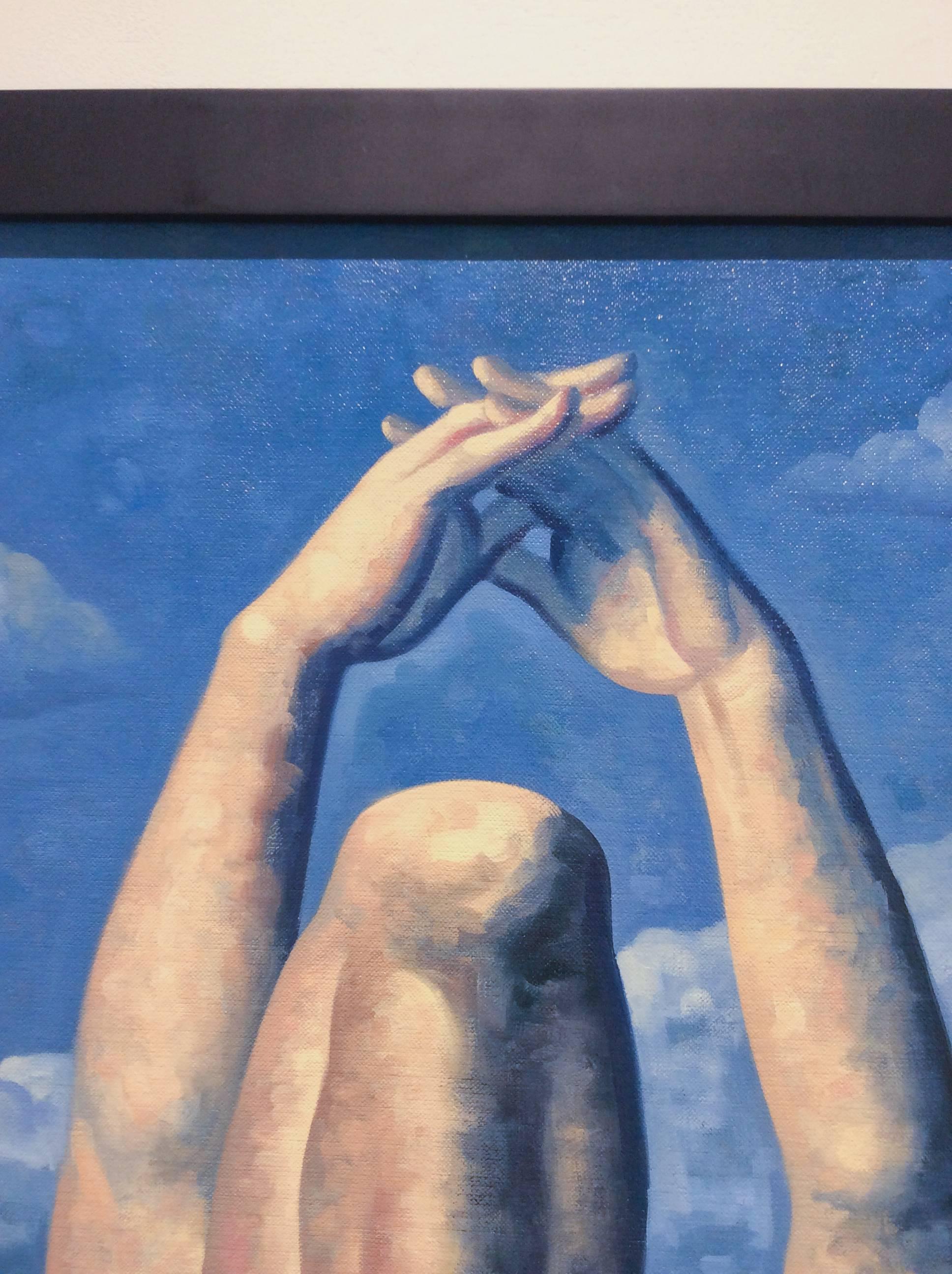 Kent, Leg Up 1 (Pittura a olio moderna di nudo maschile rilassato in un paesaggio blu) - Painting Moderno di Robert Goldstrom