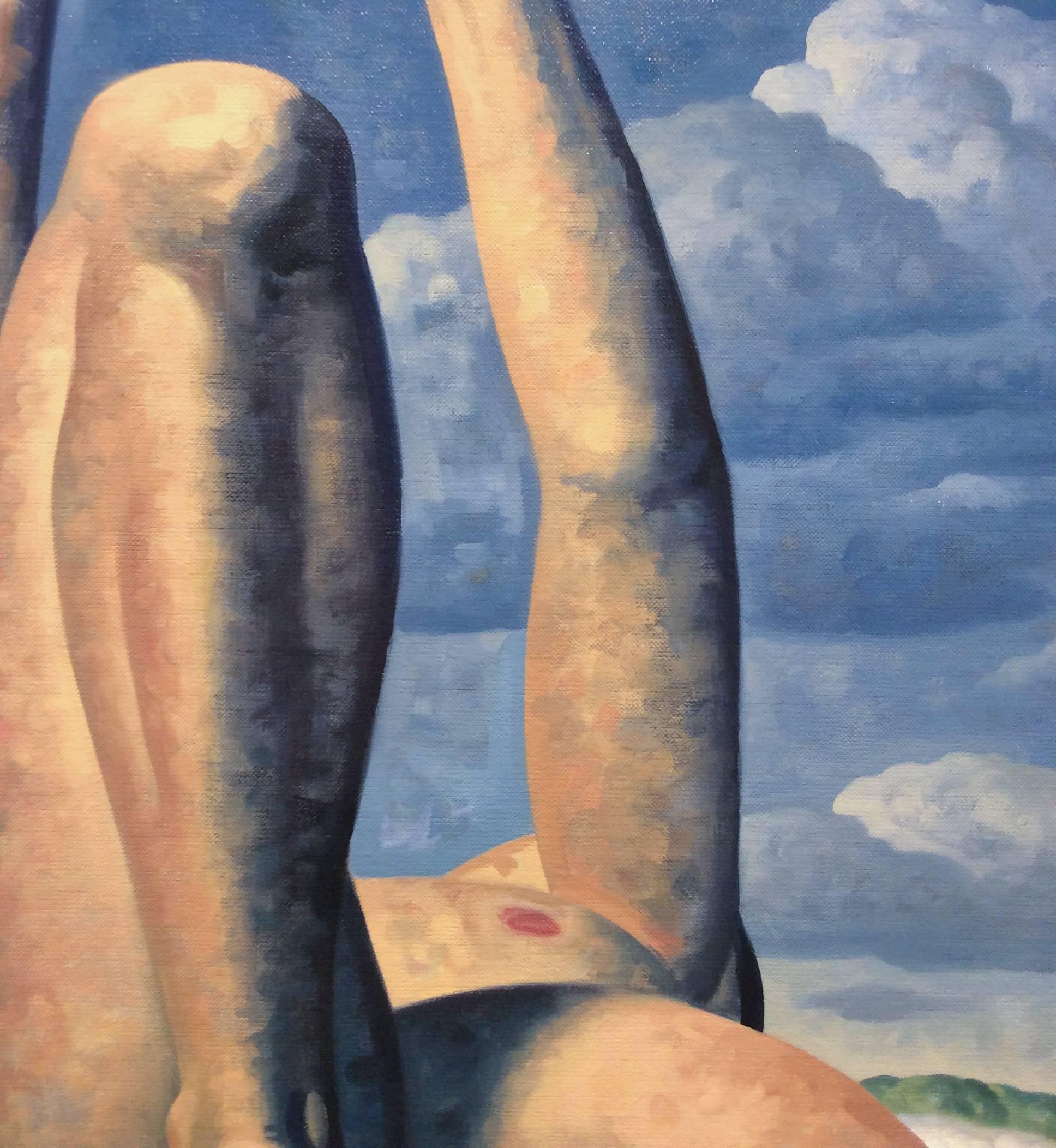Kent, Leg Up 1 (Pittura a olio moderna di nudo maschile rilassato in un paesaggio blu) - Figurative Painting Blu di Robert Goldstrom