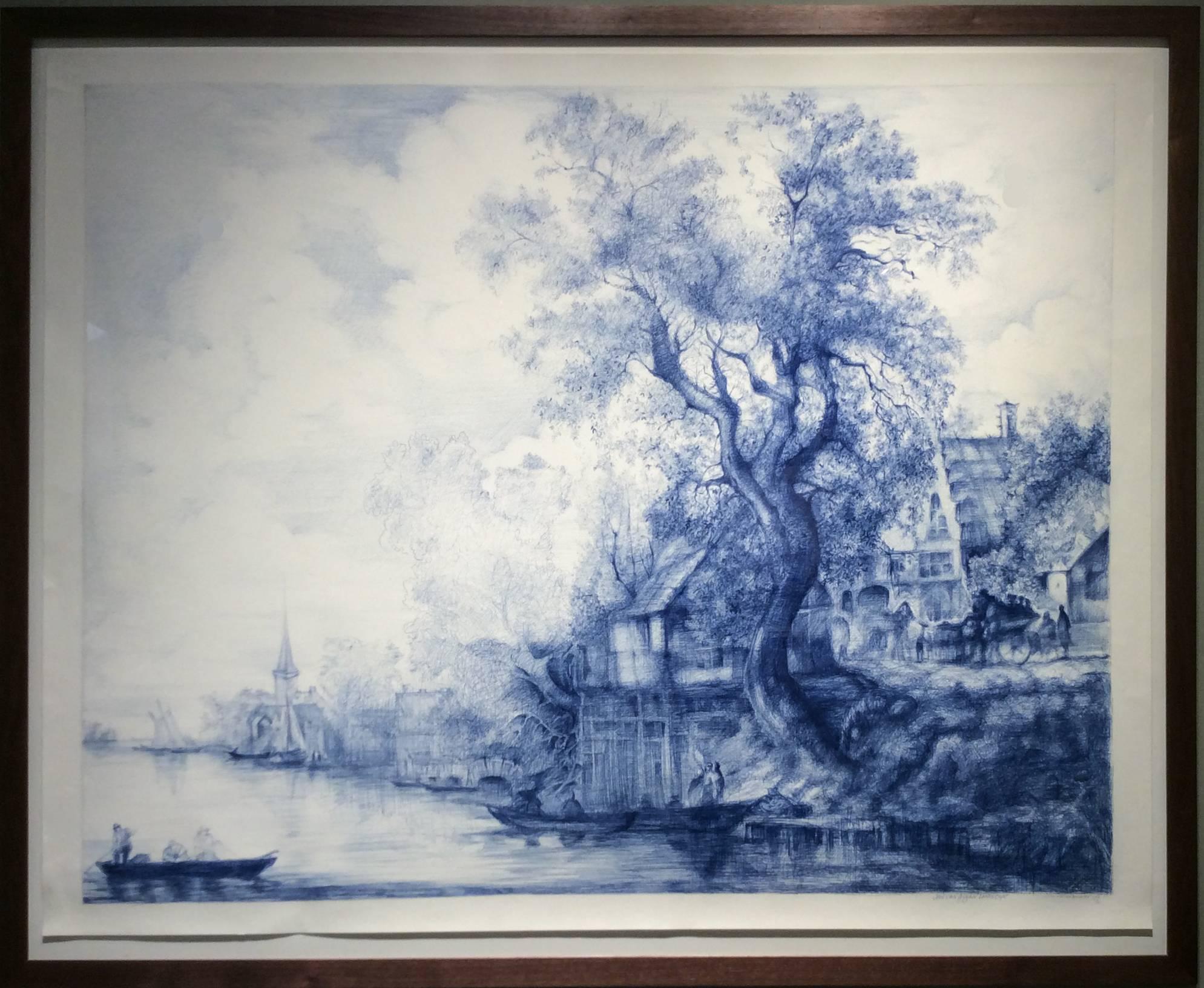 Jan Van Goyen (Baroque Ballpoint-Bleistift-Landschaftszeichnung auf Papier mit blauer Tinte) – Art von Linda Newman Boughton