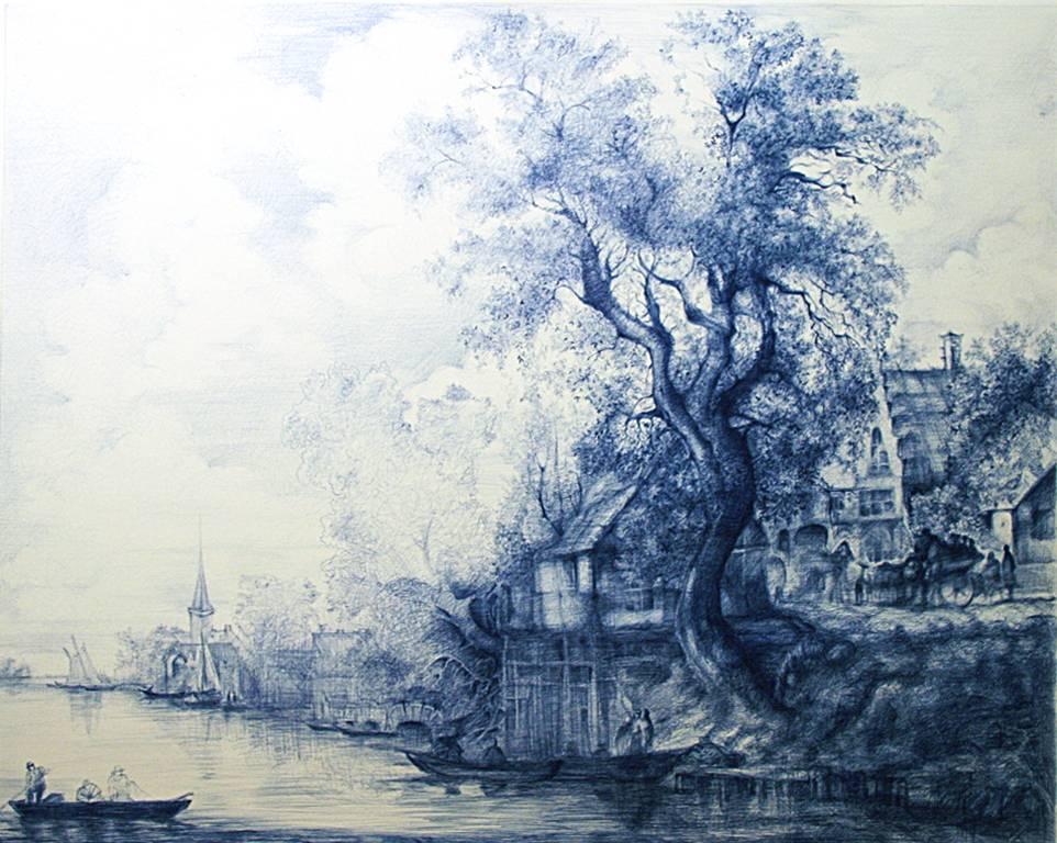 Linda Newman Boughton Landscape Art - Jan Van Goyen (Baroque Ballpoint pen landscape drawing on paper in Blue ink)