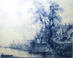 Jan Van Goyen (Baroque Ballpoint pen landscape drawing on paper in Blue ink)
