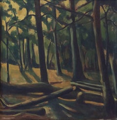 Deep Woods (Expressionist Landscape Oil Painting of Earth Toned Forest)