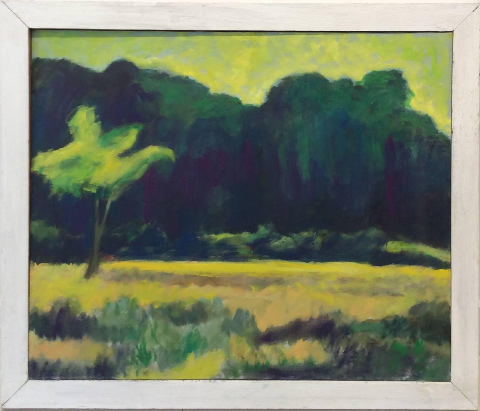 Single Tree (Expressionist Style Landscape of Green Country Field) - Painting by Stephen Brophy