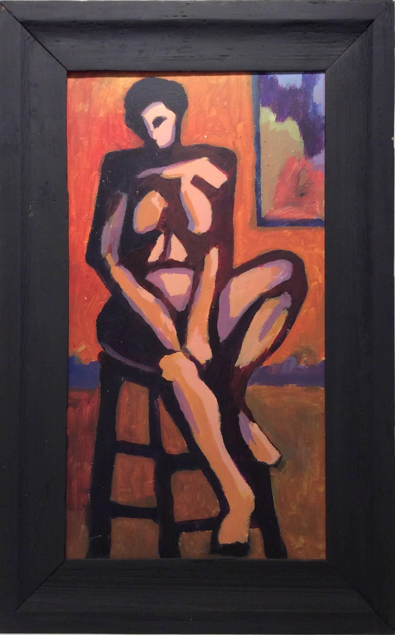 Seated Nude (Abstracted Figurative Female Nude Painting on Panel, Black Frame) 1