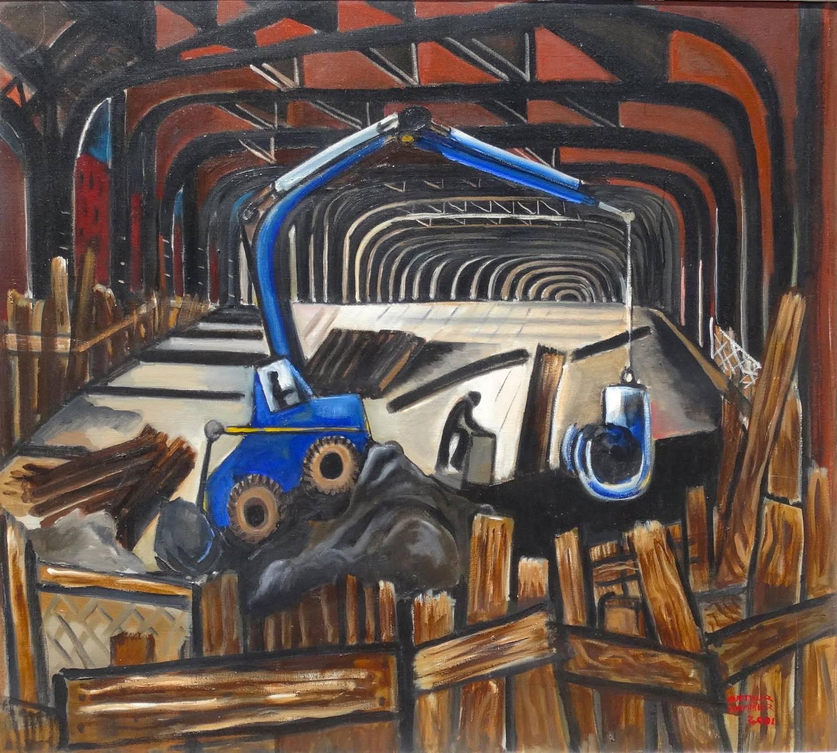 Arthur Hammer Interior Painting - Working Under the L (WPA Style Painting of Industrial Worksite, Antique Frame)
