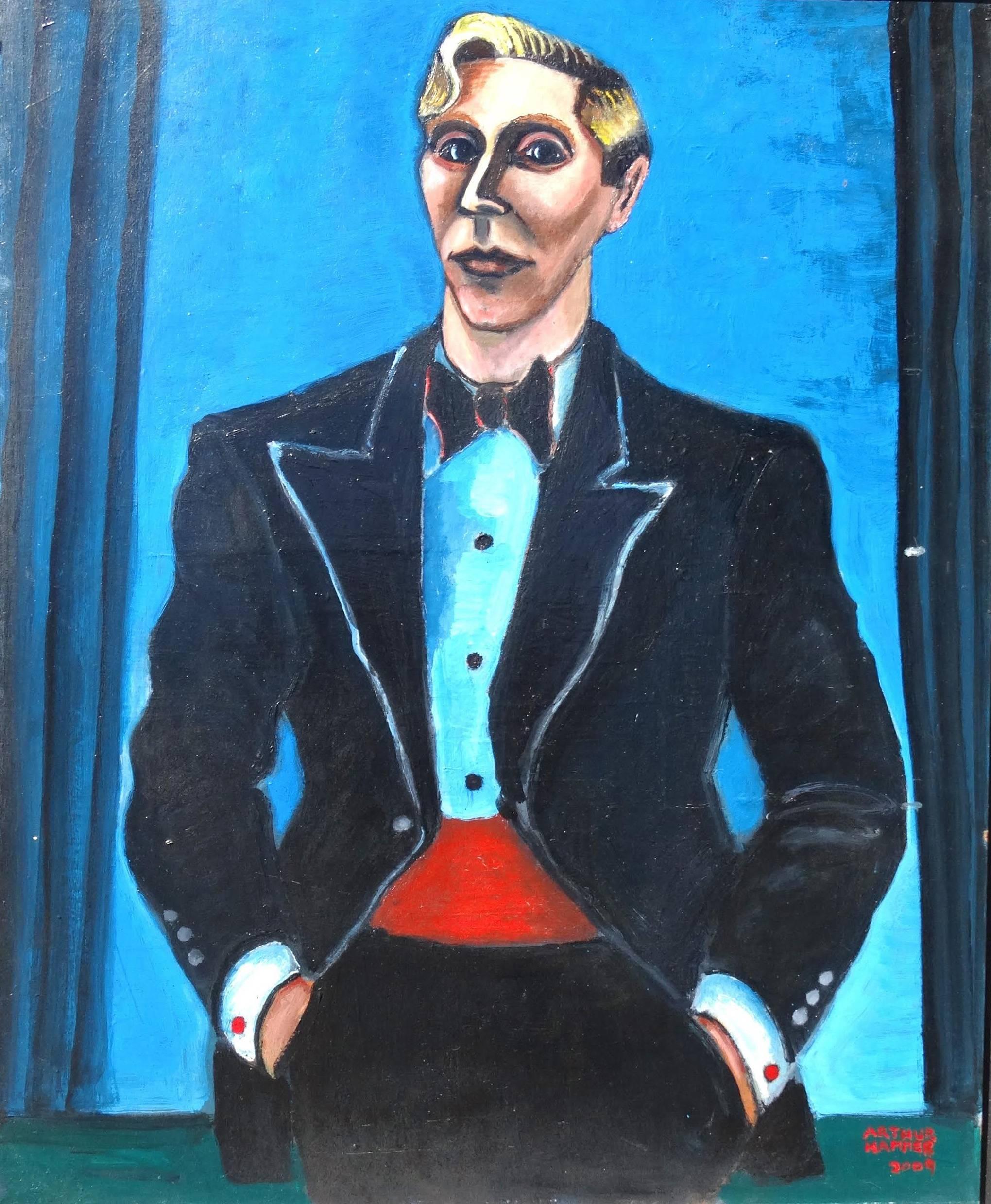 Man In Tuxedo (WPA Style Portrait with Blue Background and Antique Frame) - Painting by Arthur Hammer