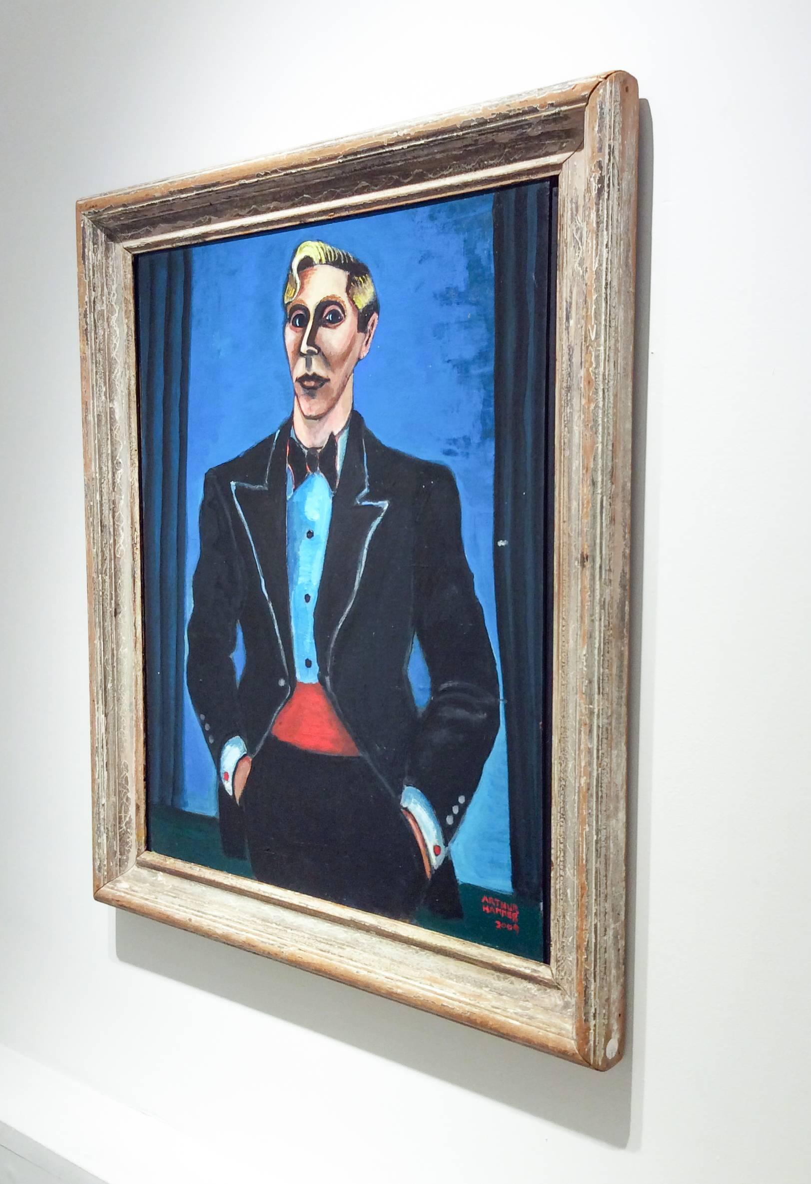 Man In Tuxedo (WPA Style Portrait with Blue Background and Antique Frame) - American Modern Painting by Arthur Hammer