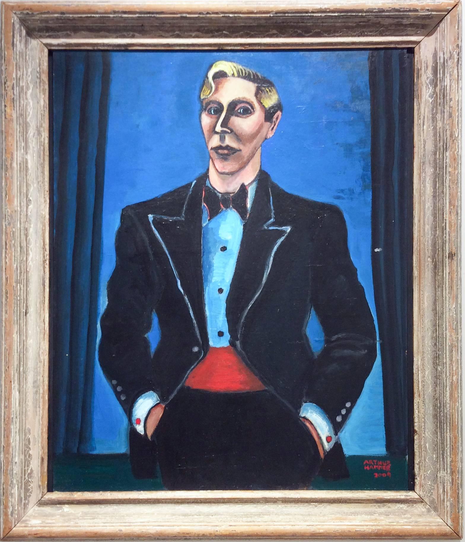 Arthur Hammer Figurative Painting - Man In Tuxedo (WPA Style Portrait with Blue Background and Antique Frame)