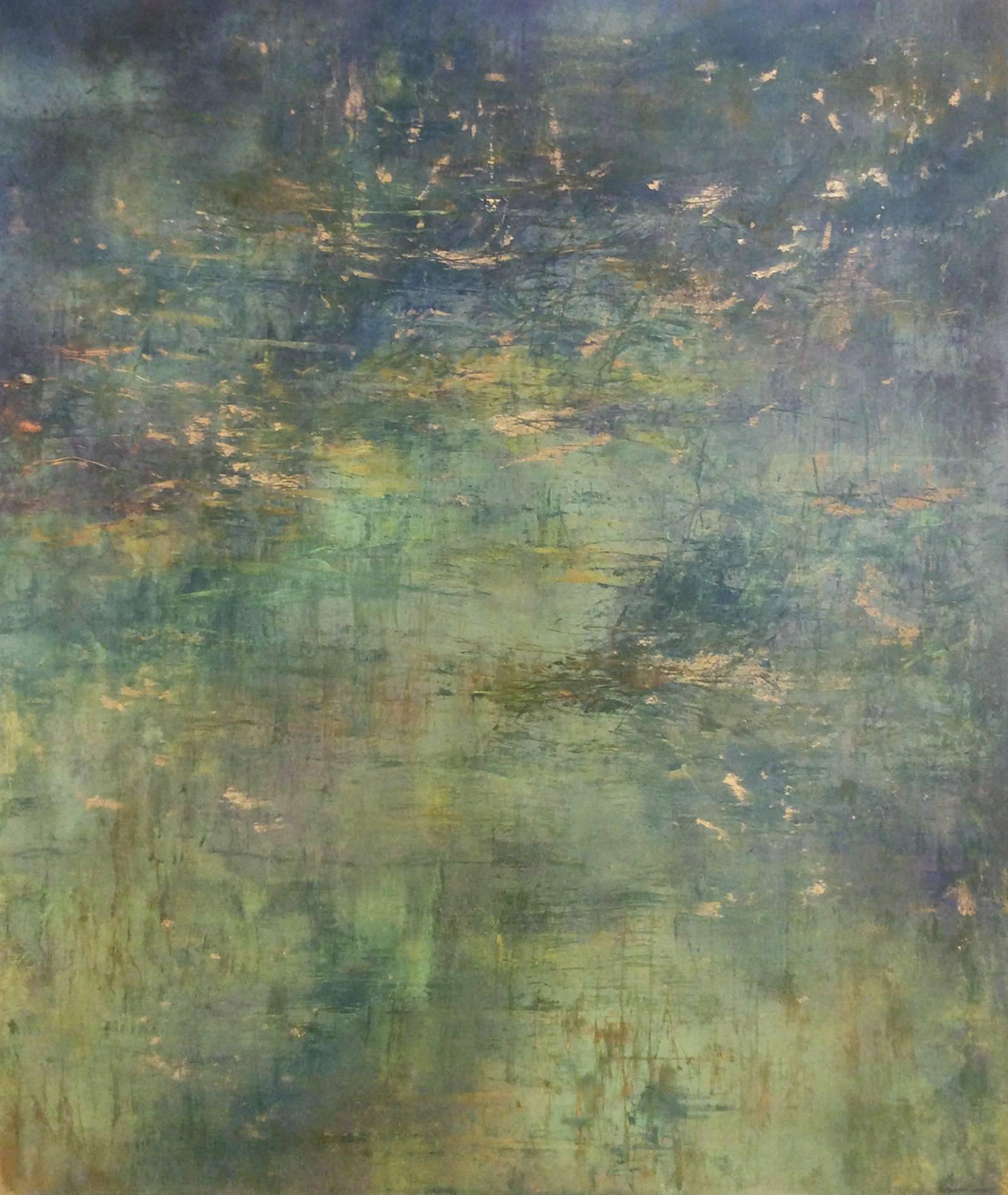 Bruce Murphy Abstract Painting - Grande Reinvention (Large Green Abstract Landscape with Gold Metallic Powder)