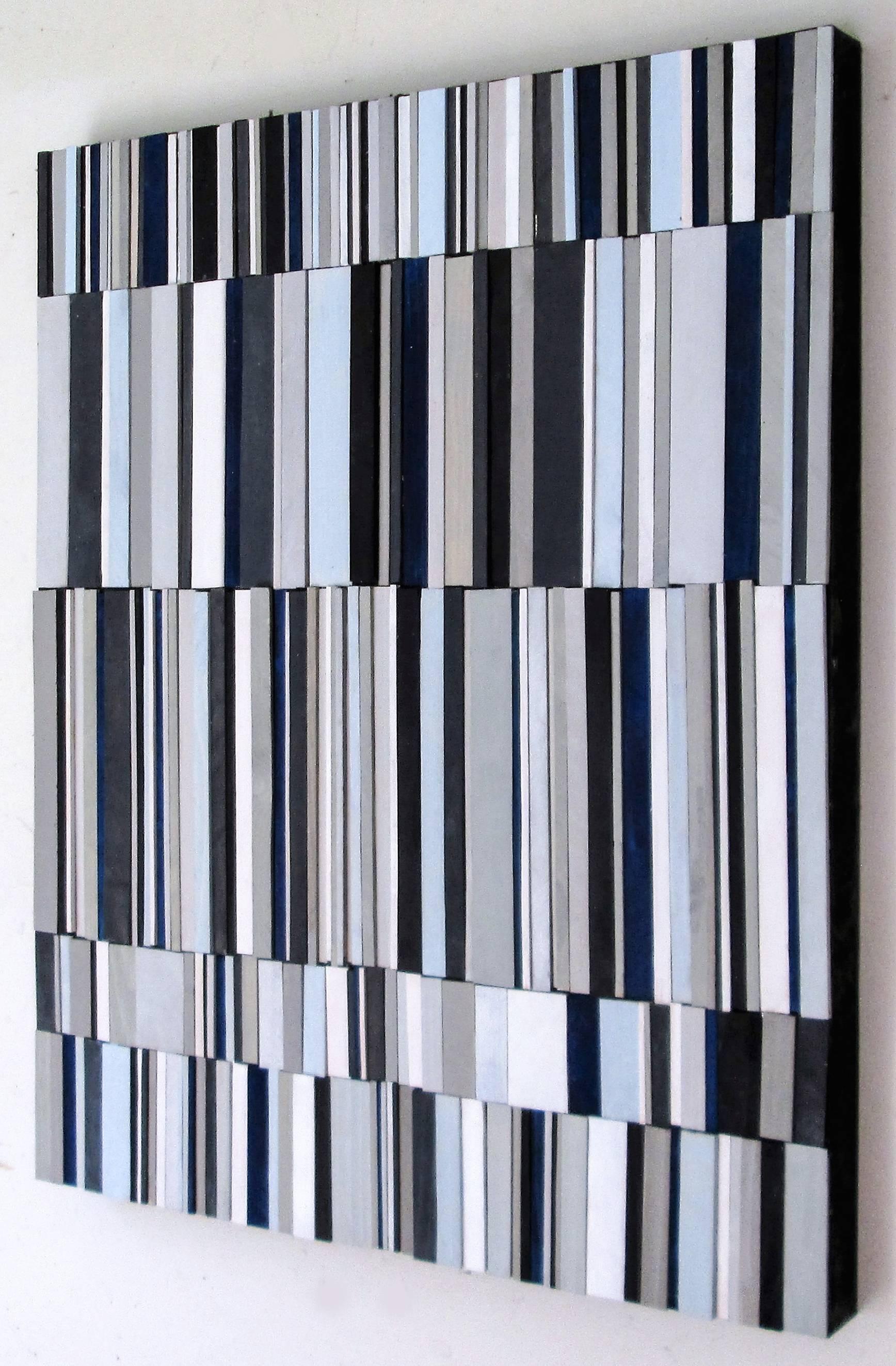 Syncopation, Variation I (Graphic Blue White and Gray 3D Wall Sculpture) - Brown Abstract Sculpture by Stephen Walling