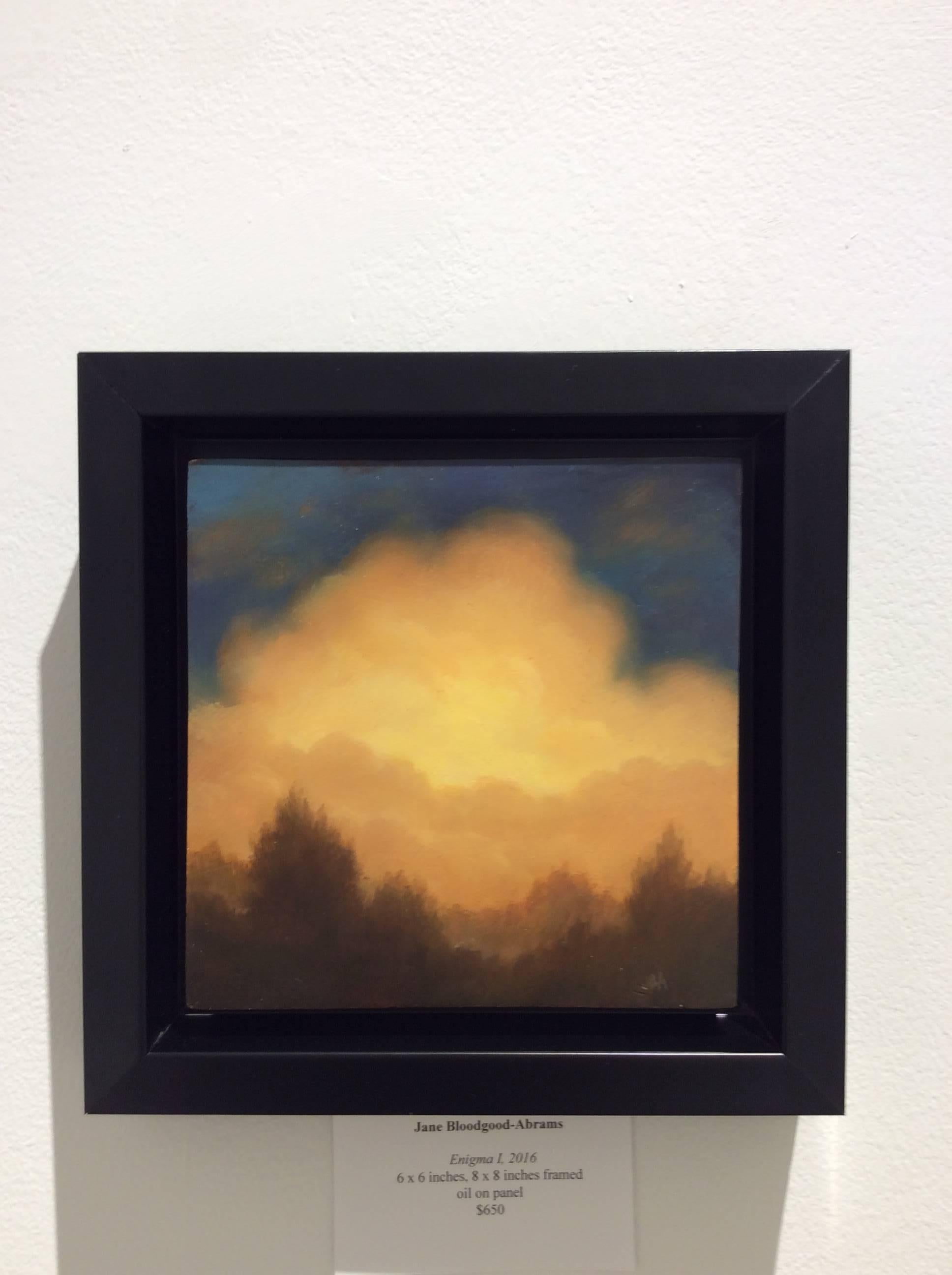Enigma I (Small Oil Painting of Yellow Cloud in Blue Sky with Pine Forest) - Brown Landscape Painting by Jane Bloodgood-Abrams