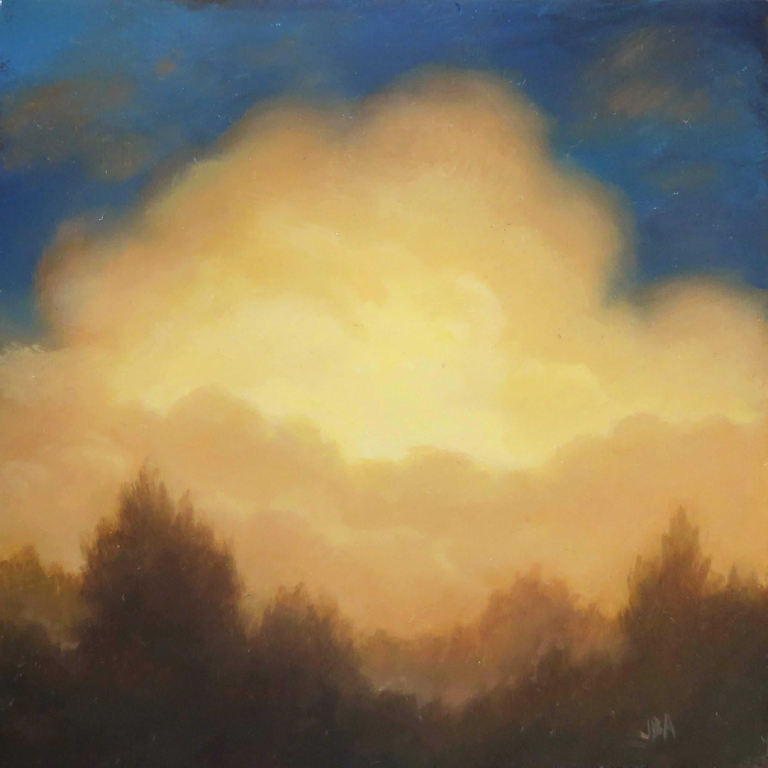 Jane Bloodgood-Abrams Landscape Painting - Enigma I (Small Oil Painting of Yellow Cloud in Blue Sky with Pine Forest)