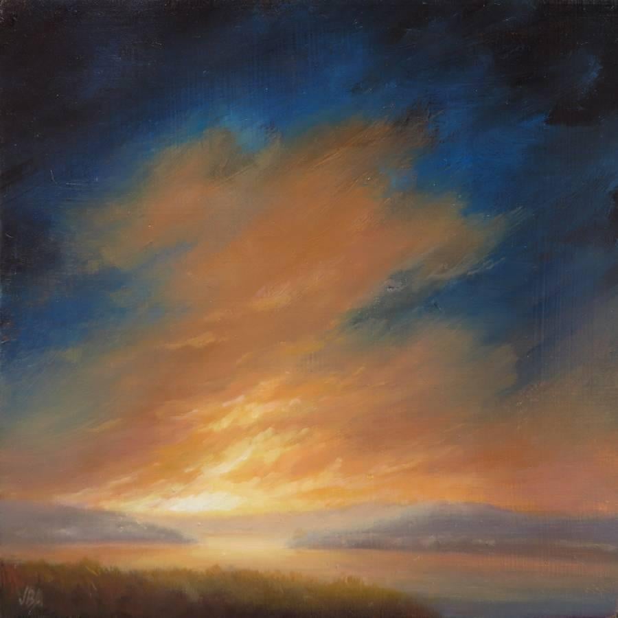 Jane Bloodgood-Abrams Landscape Painting - End of Day (Small Landscape Oil Painting of a Sunset Over the Hudson River)
