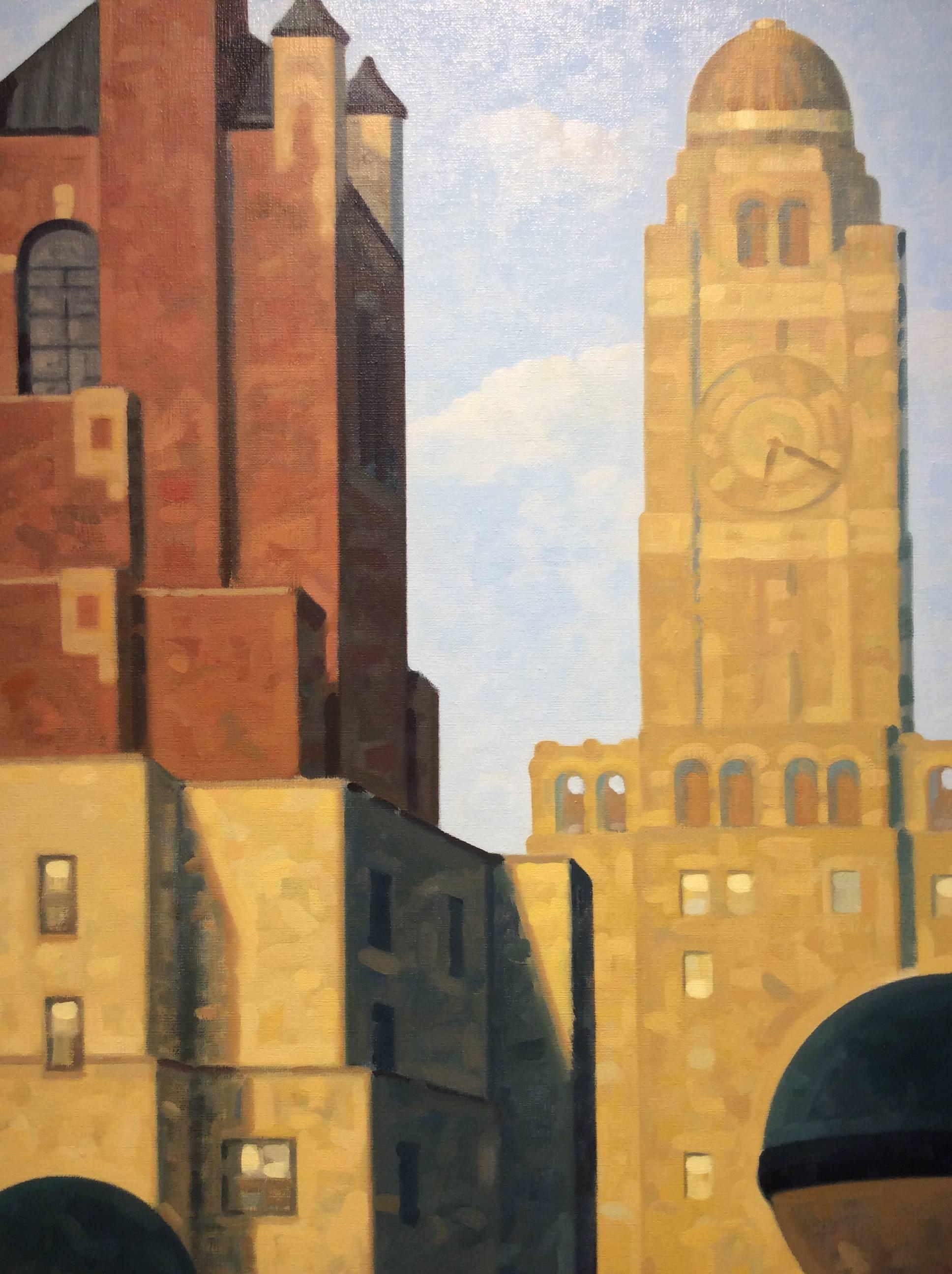 Oil on linen
40 x 30 inches unframed
43 x 33 inches framed 

This large vertical cityscape oil painting on linen in a black frame was painted by Robert Goldstrom in 2016. The scene predominately displays the Williamsburg Saving Bank Tower, an