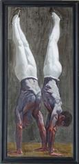 Two Gymnasts in Handstand (Contemporary Oil Painting of Male Athletes)