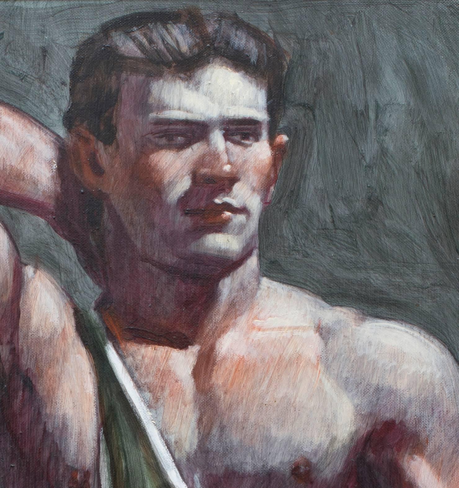 Academic figurative oil painting of a muscular male athlete with a vintage green wrestling uniform
