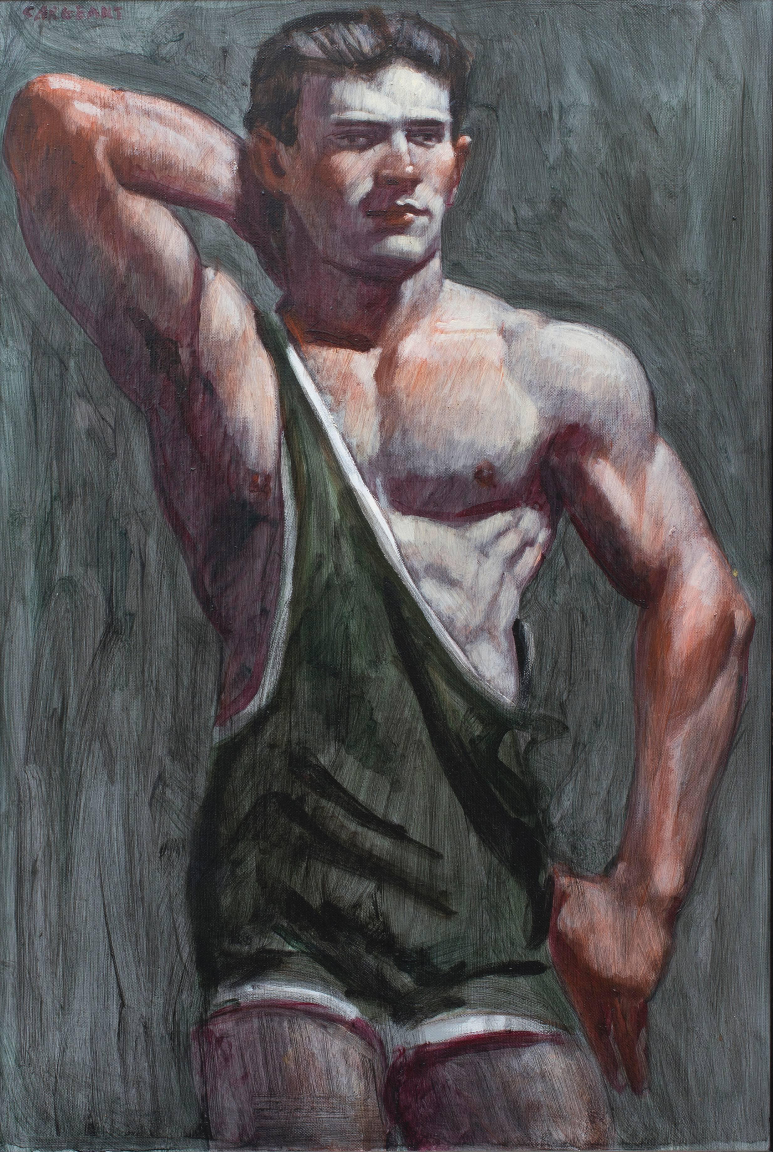 Wrestler in a Green Singlet : peinture à l'huile figurative d'un athlète par Mark Beard en vente 1