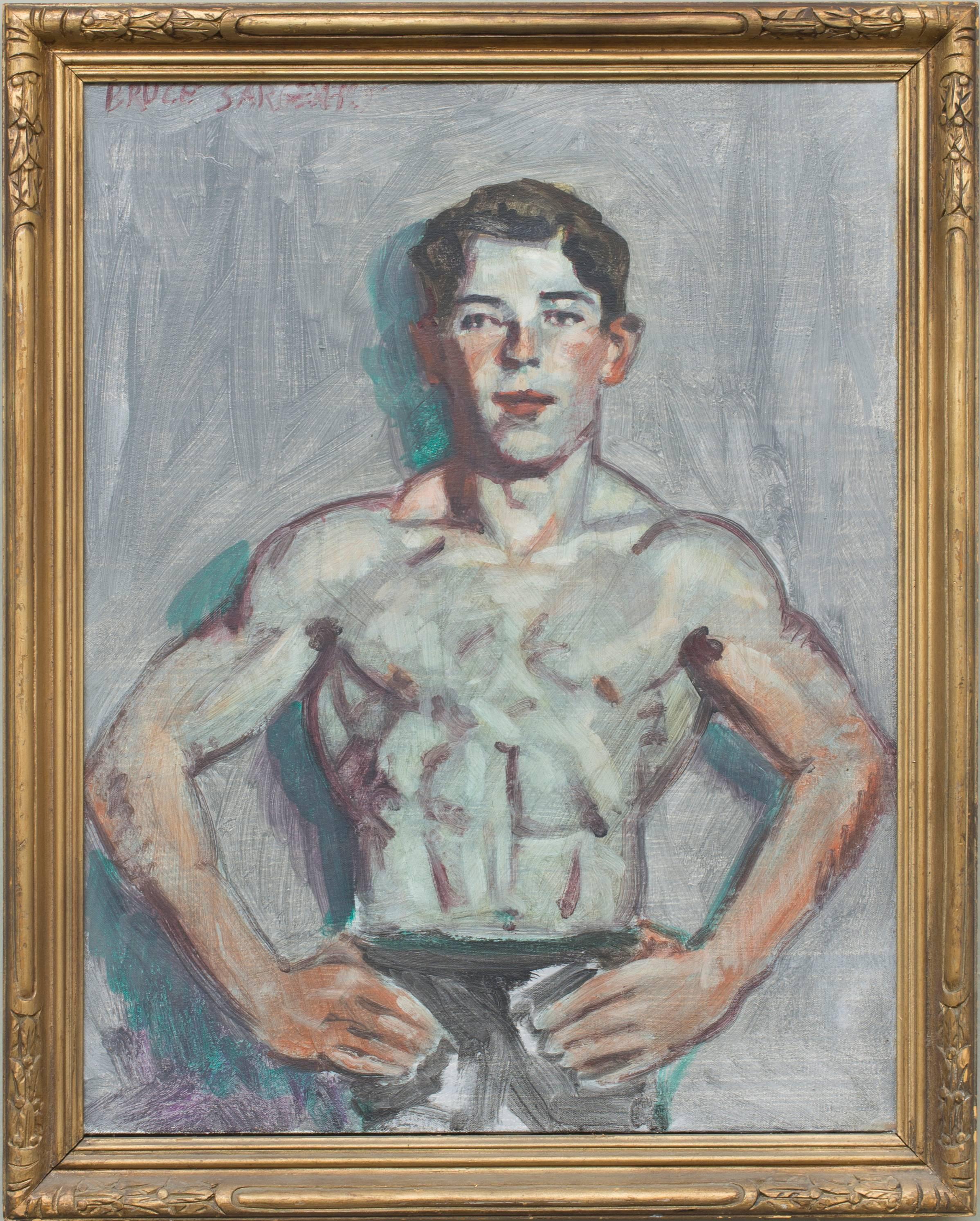 Figurative Painting Mark Beard - Jeune nageur (peinture de portrait de style moderne et académique dans un cadre en or ancien)