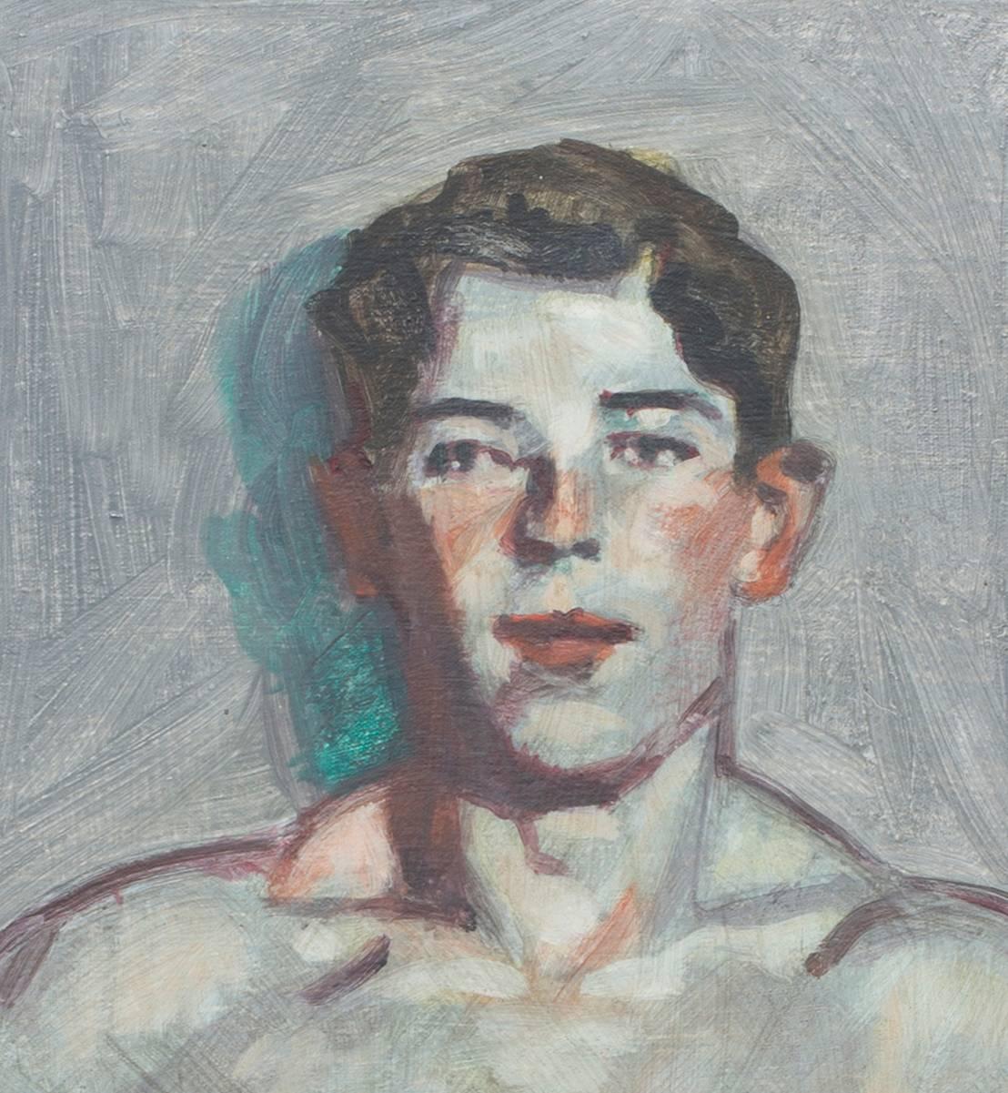 Jeune nageur (peinture de portrait de style moderne et académique dans un cadre en or ancien) - Gris Figurative Painting par Mark Beard