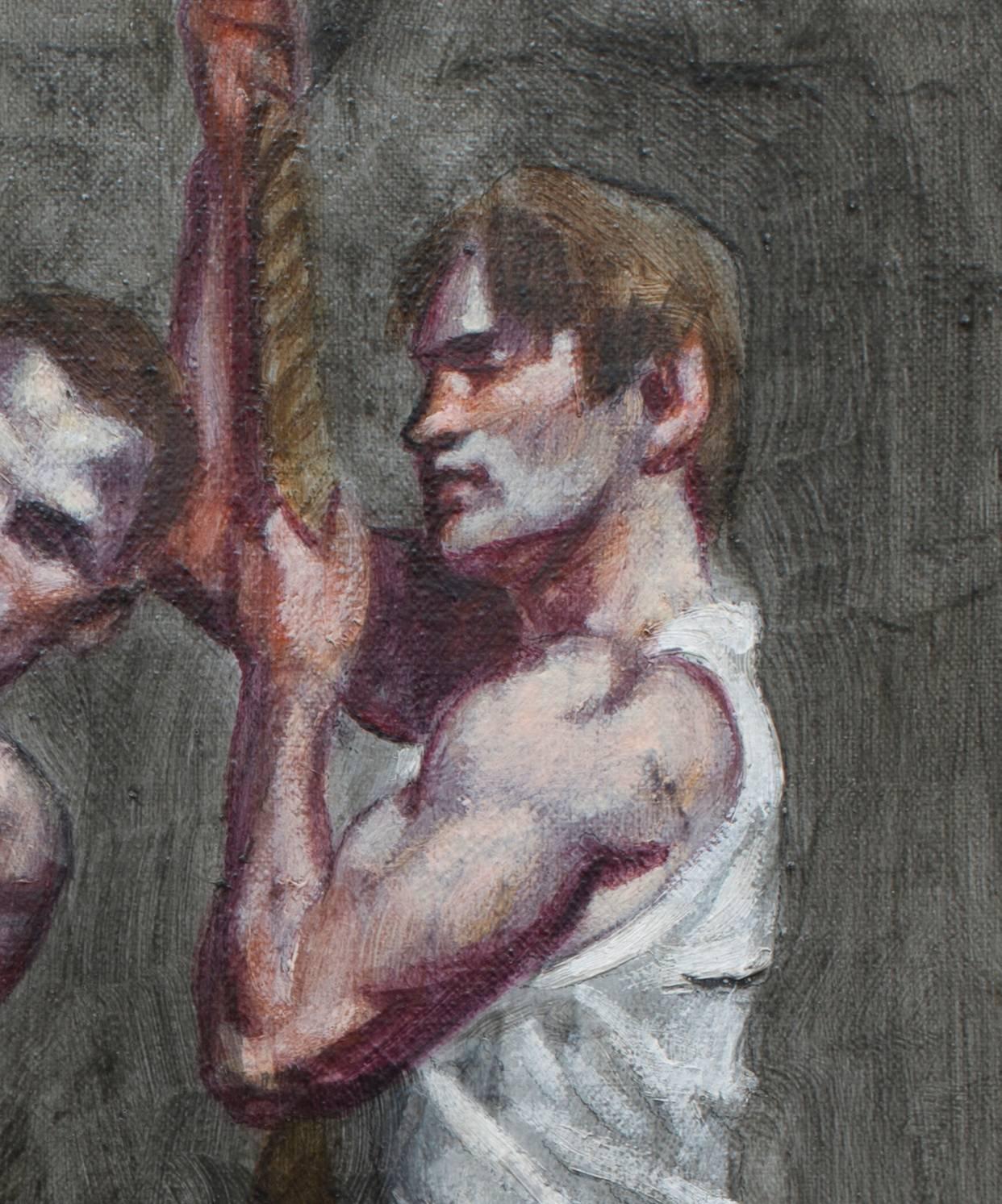 Two Boys Climbing Rope (Oil Painting of 2 Male Athletes) - Black Figurative Painting by Mark Beard