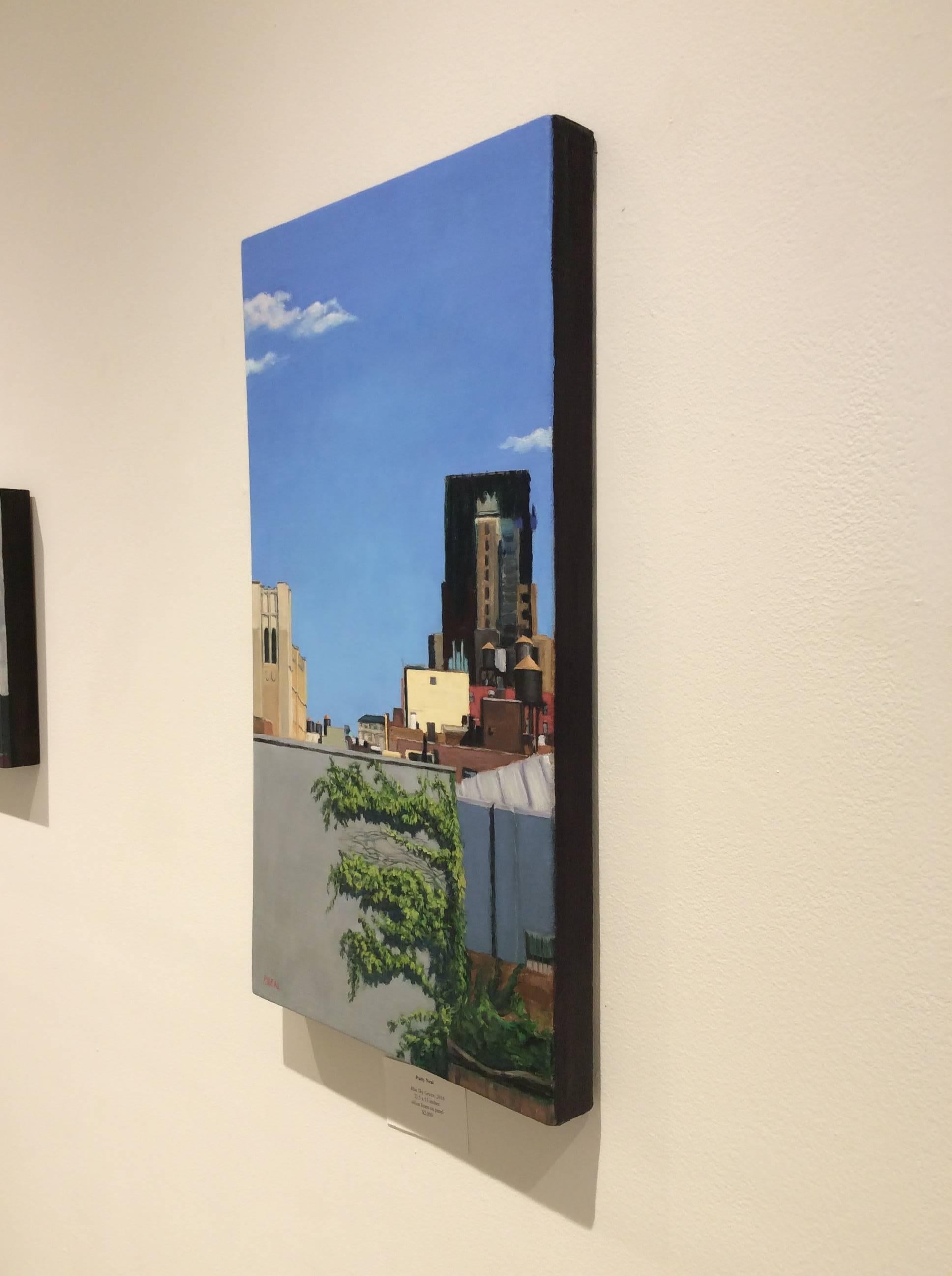 Cielo azul verde (Pintura al óleo moderna de tejados de Brooklyn) - Painting de Patty Neal