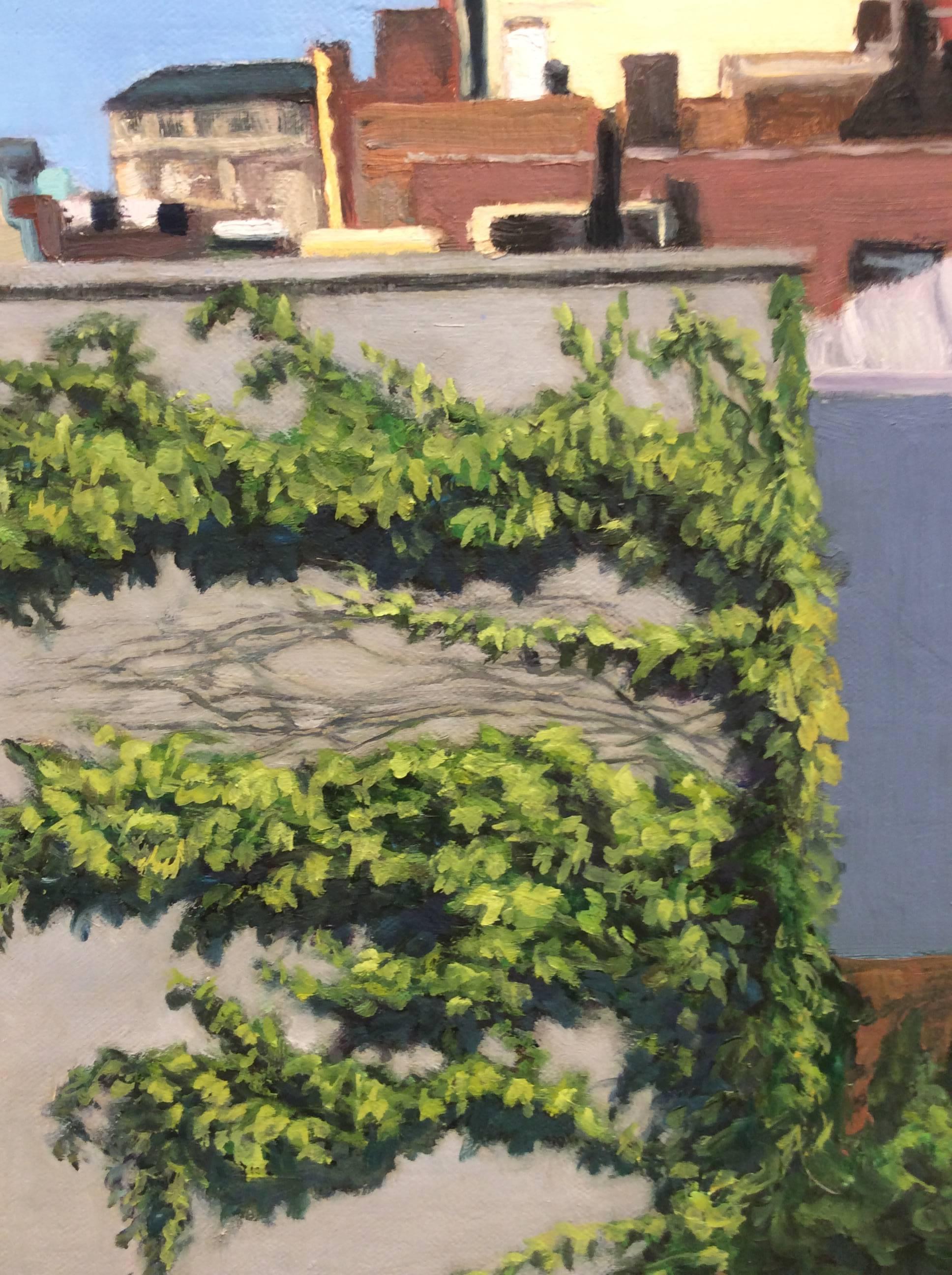 Cielo azul verde (Pintura al óleo moderna de tejados de Brooklyn) - Landscape Painting Azul de Patty Neal