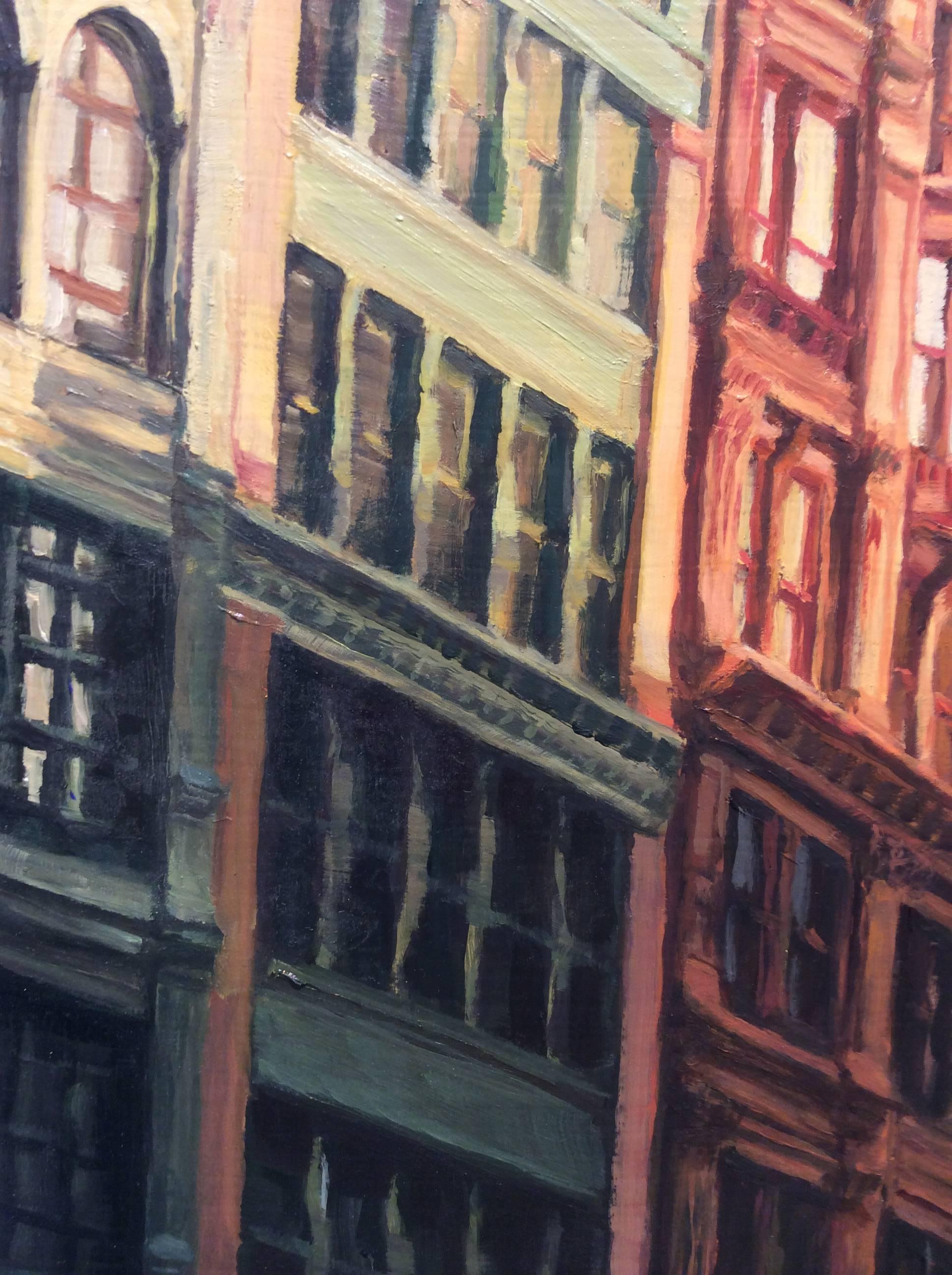 oil paint on panel
12 x 12 inches  

This modern cityscape oil painting is painted on wood panel. Painted in a romantic, realistic style, the scene is of a close-up on old city buildings along a street that are cast with warm sunlight and