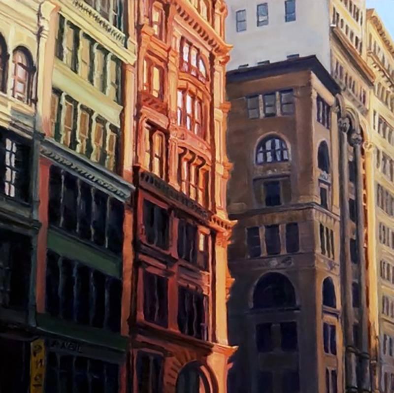 Patty Neal Landscape Painting - Grand Dames of Broadway (Modern Oil Painting of Close-up on City Buildings