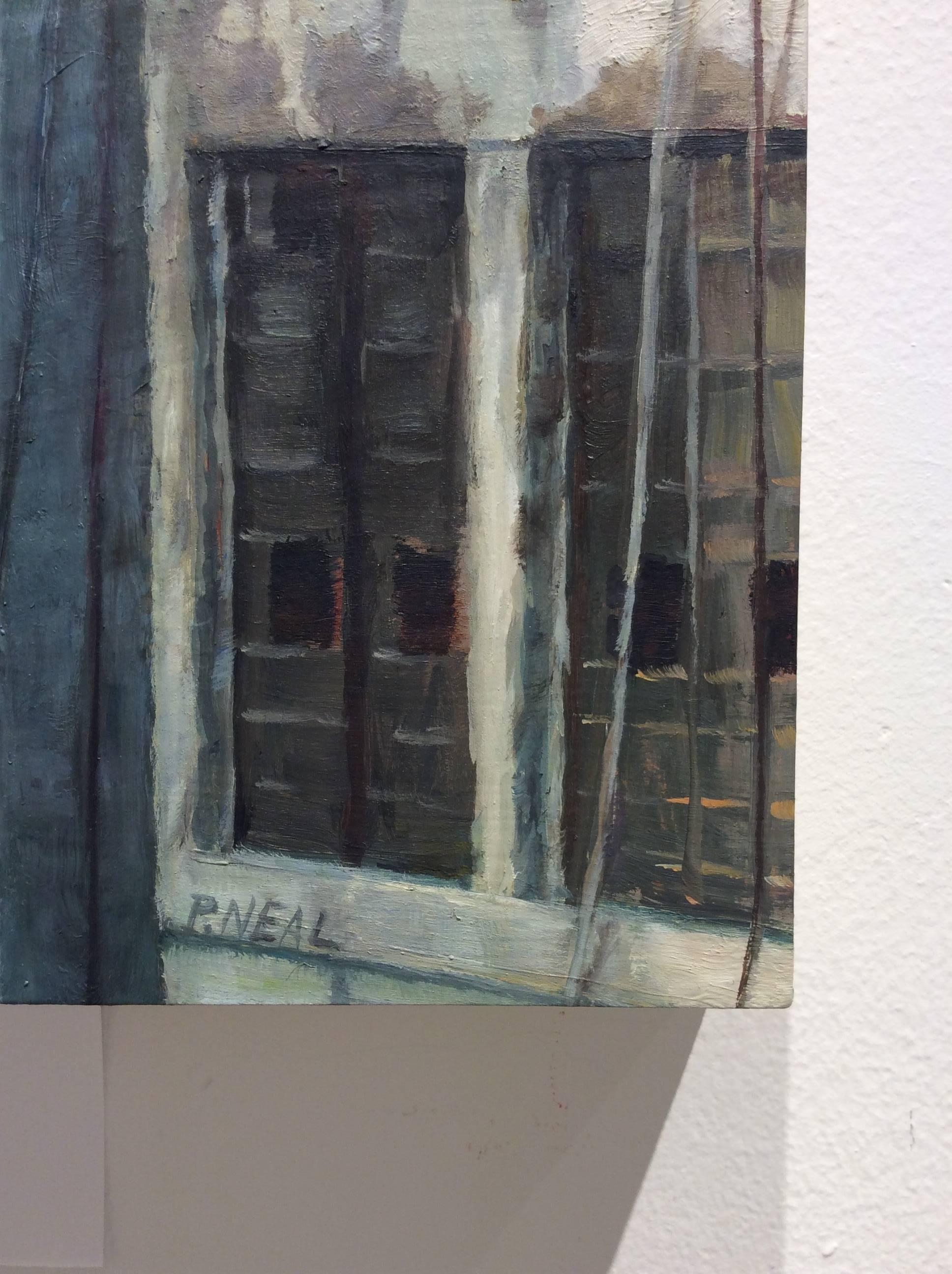 Industrial Brooklyn (Modern Urban Oil Painting of Close-Up on City Buildings) - Gray Landscape Painting by Patty Neal